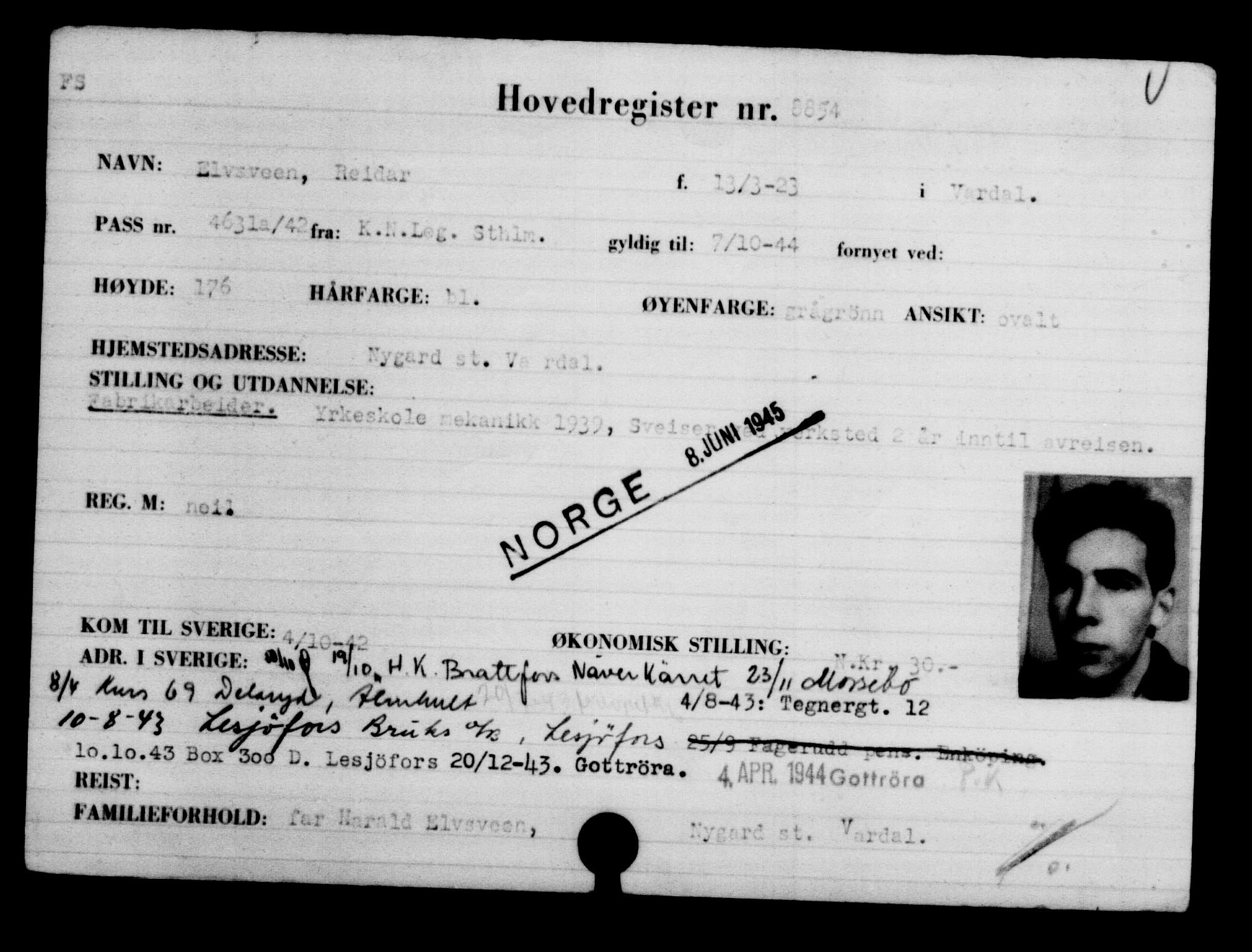 Utenriksstasjonene, Legasjonen i Stockholm, Flyktningkontoret, AV/RA-S-6753/V/Va/L0005: Kjesäterkartoteket, flyktninger med registreringsnr. 6600-9417, 1940-1945, s. 2639