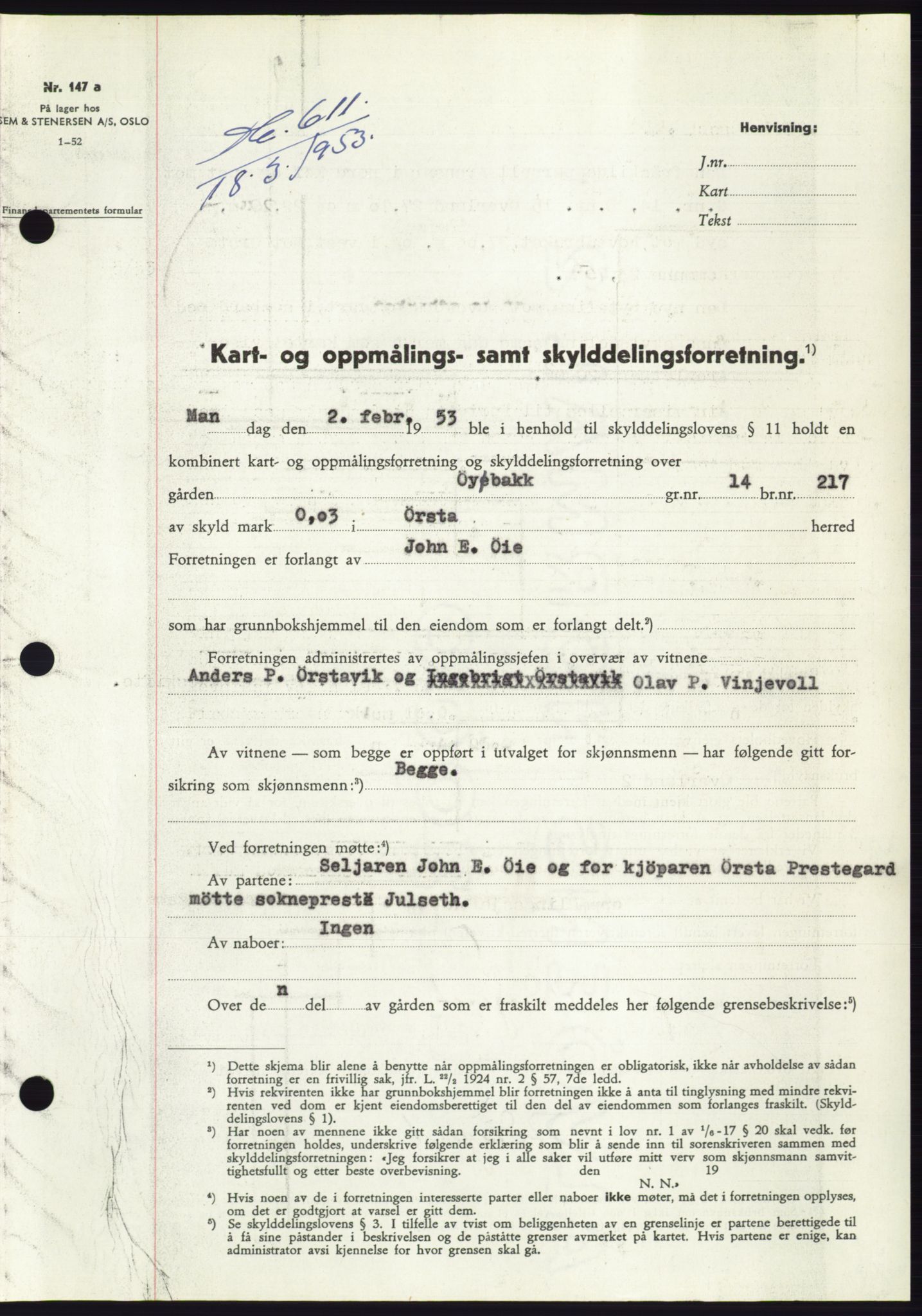 Søre Sunnmøre sorenskriveri, SAT/A-4122/1/2/2C/L0094: Pantebok nr. 20A, 1953-1953, Dagboknr: 611/1953