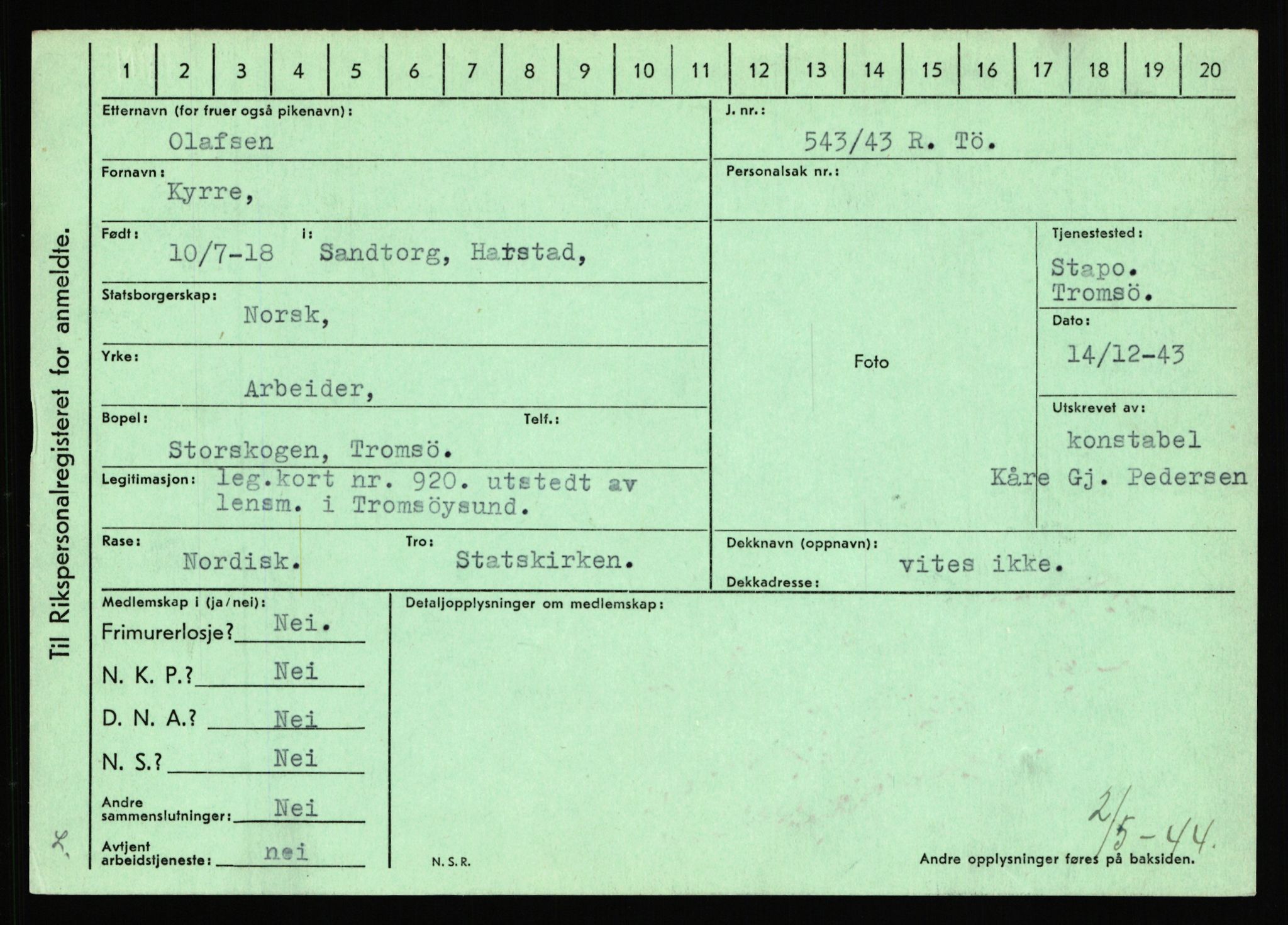 Statspolitiet - Hovedkontoret / Osloavdelingen, AV/RA-S-1329/C/Ca/L0012: Oanæs - Quistgaard	, 1943-1945, s. 187