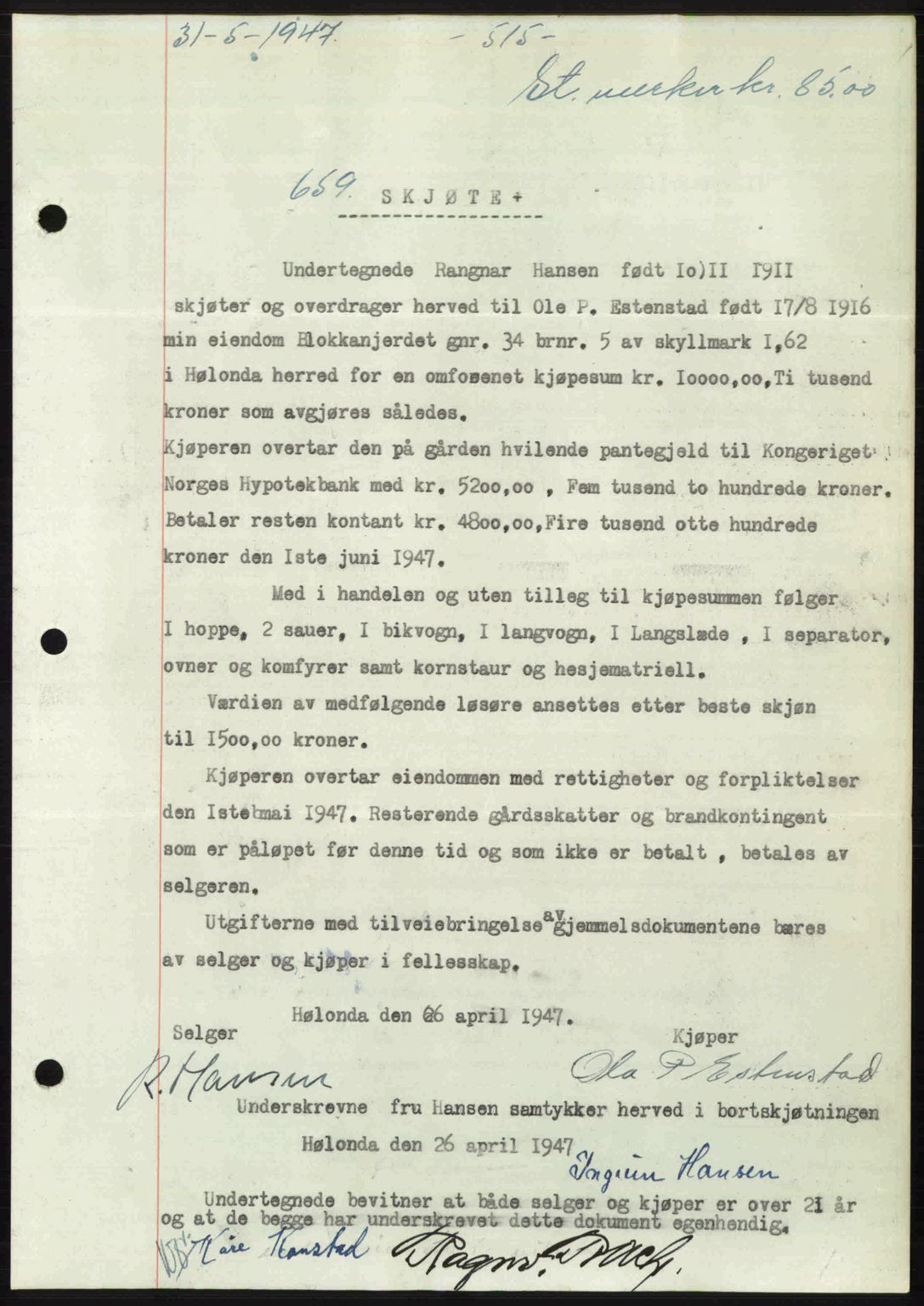 Gauldal sorenskriveri, SAT/A-0014/1/2/2C: Pantebok nr. A3, 1947-1947, Dagboknr: 659/1947
