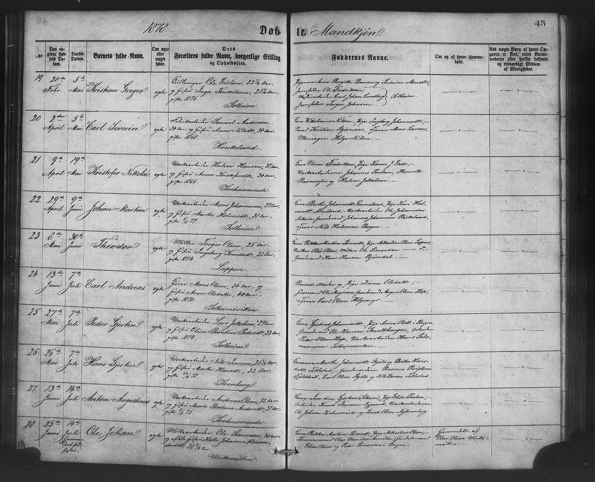 St. Jørgens hospital og Årstad sokneprestembete, AV/SAB-A-99934: Klokkerbok nr. A 4, 1873-1885, s. 43