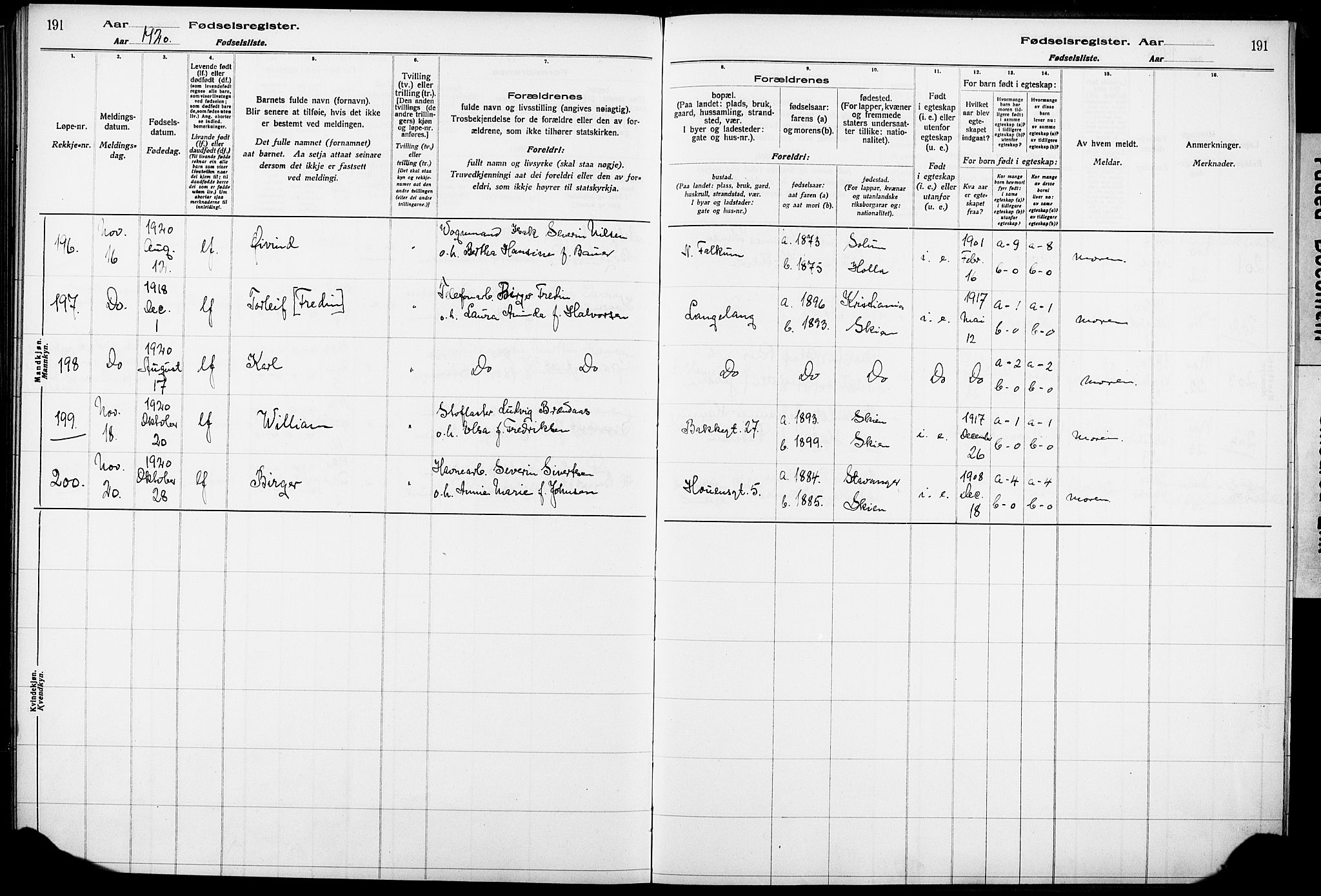 Skien kirkebøker, AV/SAKO-A-302/J/Ja/L0001: Fødselsregister nr. 1, 1916-1920, s. 191