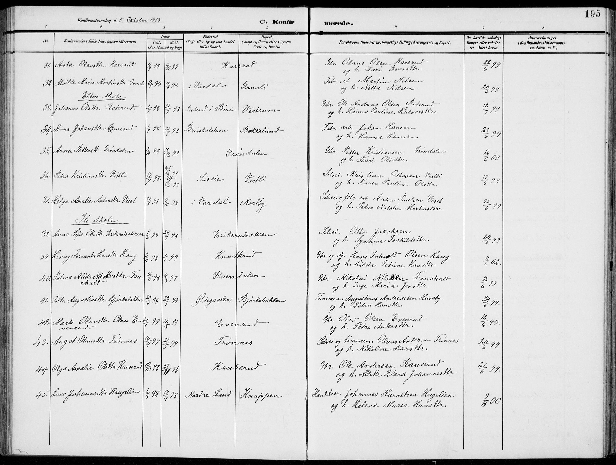 Vestre Toten prestekontor, SAH/PREST-108/H/Ha/Haa/L0014: Ministerialbok nr. 14, 1907-1920, s. 195