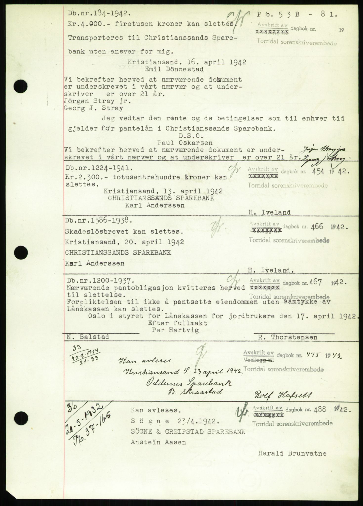 Torridal sorenskriveri, SAK/1221-0012/G/Gb/Gbb/L0009: Pantebok nr. 53b, 1942-1943, Dagboknr: 454/1942