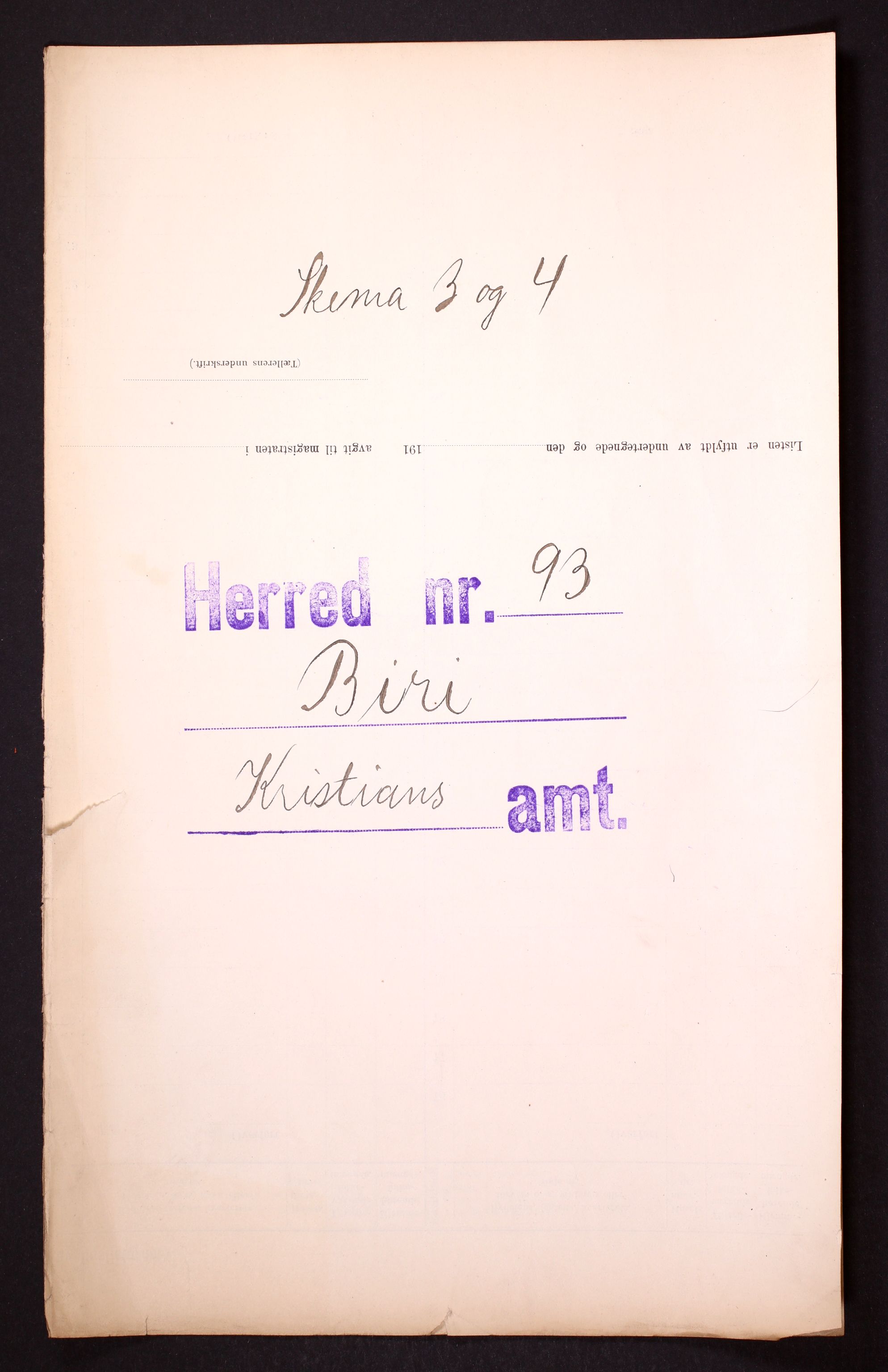 RA, Folketelling 1910 for 0525 Biri herred, 1910, s. 1