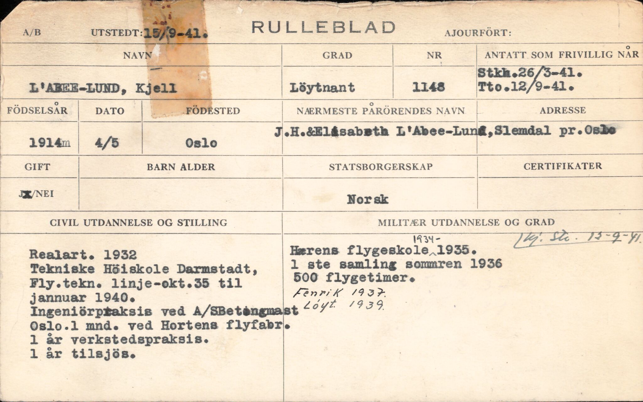 Forsvaret, Forsvarets overkommando/Luftforsvarsstaben, AV/RA-RAFA-4079/P/Pa/L0037: Personellpapirer, 1914, s. 3