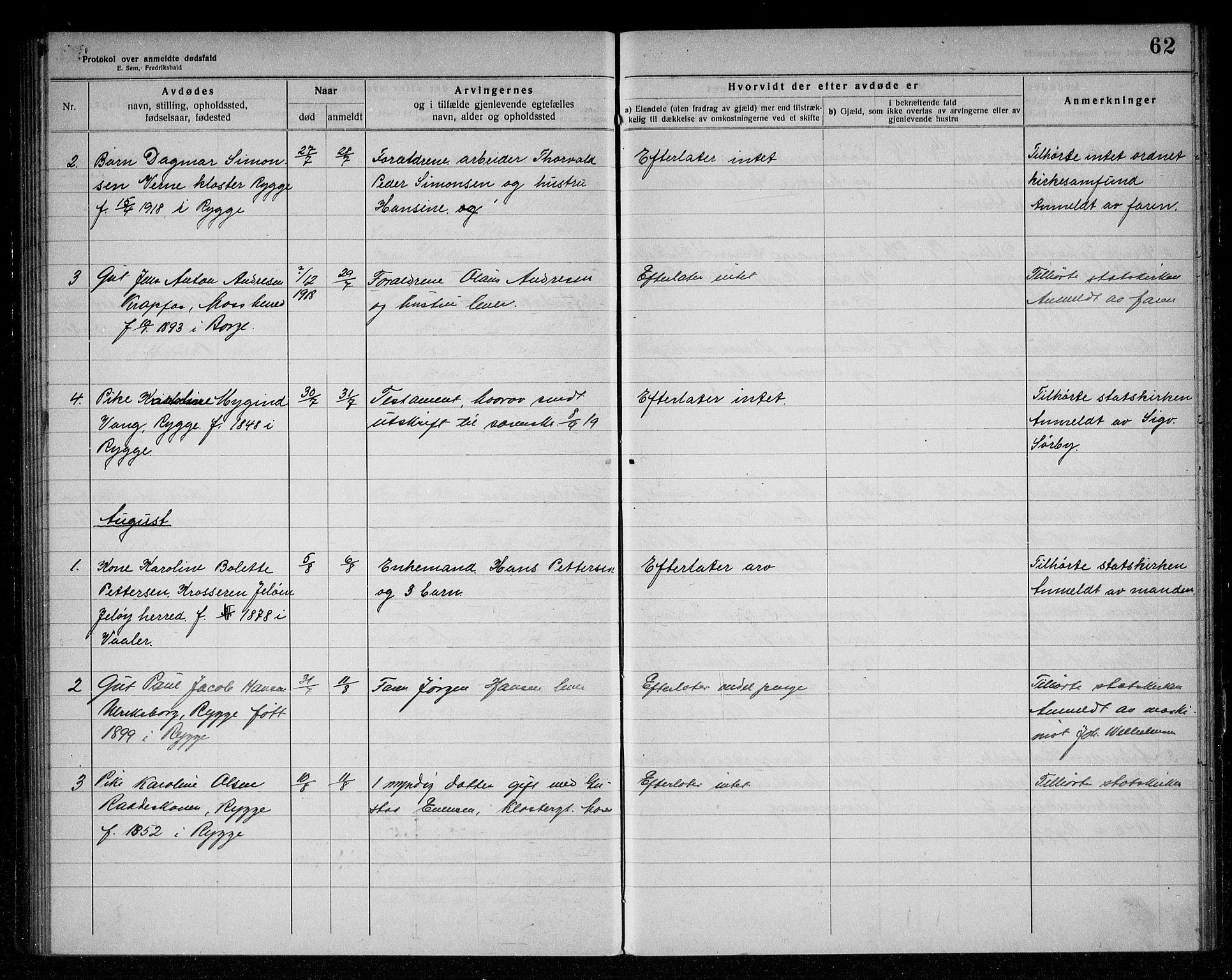 Rygge lensmannskontor, AV/SAO-A-10005/H/Ha/Haa/L0006: Dødsfallsprotokoll, 1916-1920, s. 62
