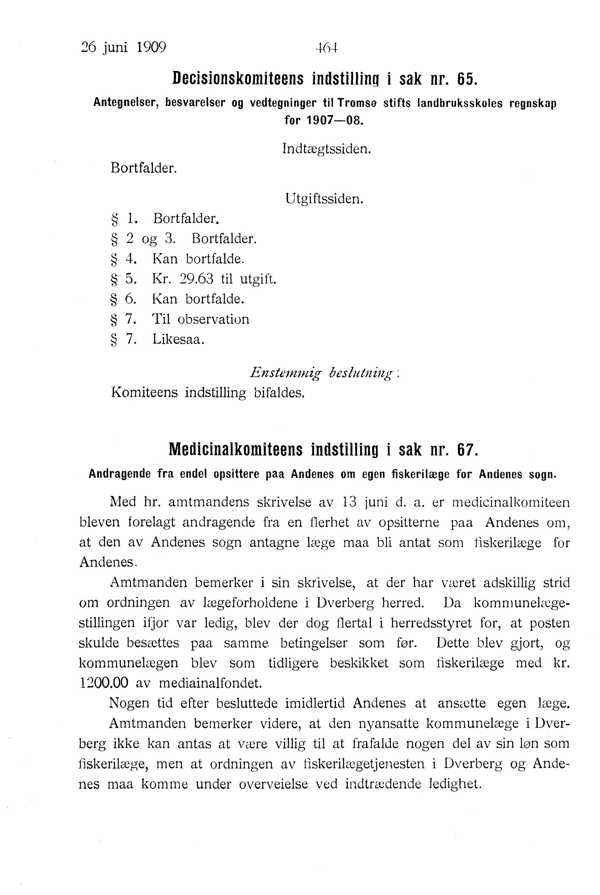 Nordland Fylkeskommune. Fylkestinget, AIN/NFK-17/176/A/Ac/L0032: Fylkestingsforhandlinger 1909, 1909