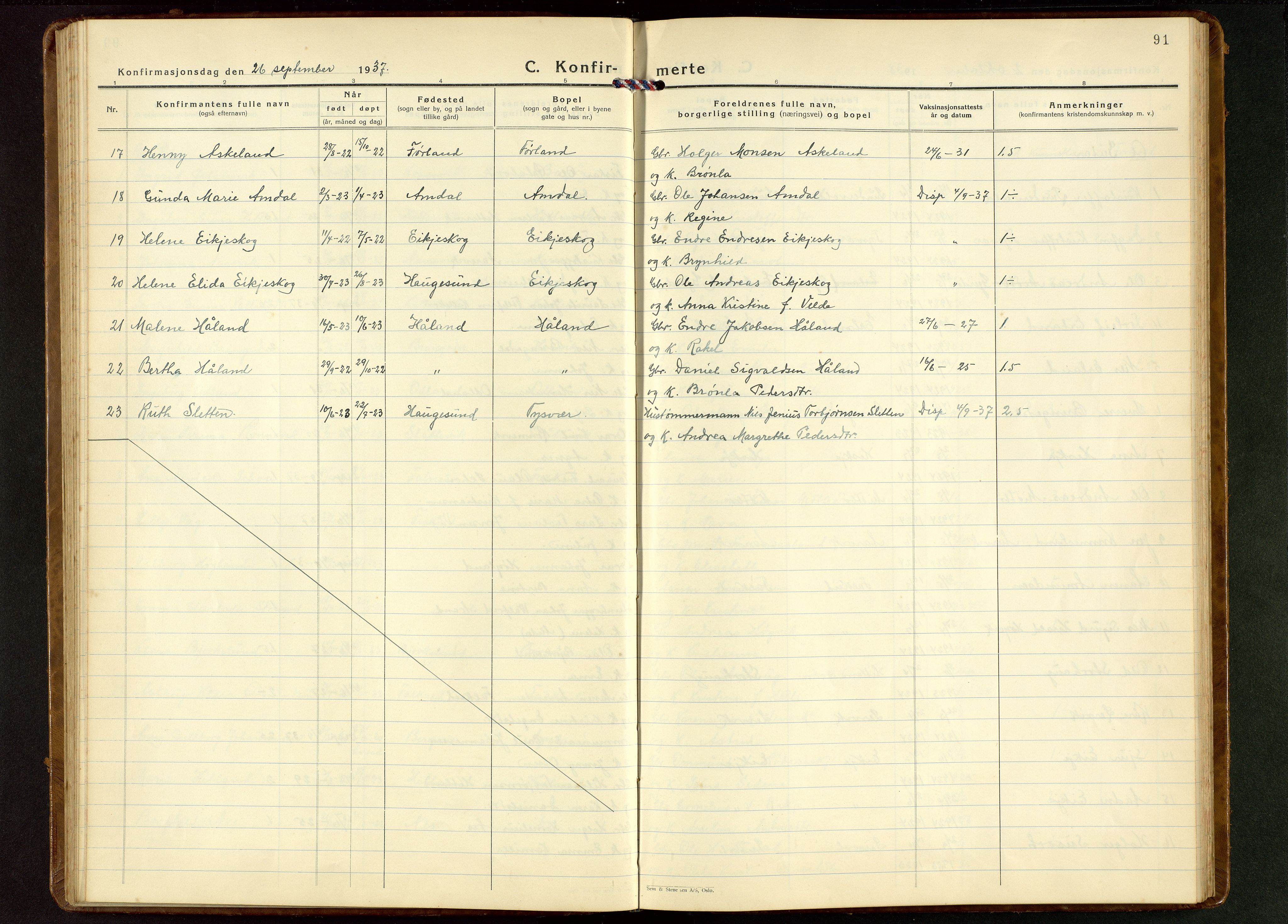 Tysvær sokneprestkontor, AV/SAST-A -101864/H/Ha/Hab/L0006: Klokkerbok nr. B 6, 1932-1946, s. 91