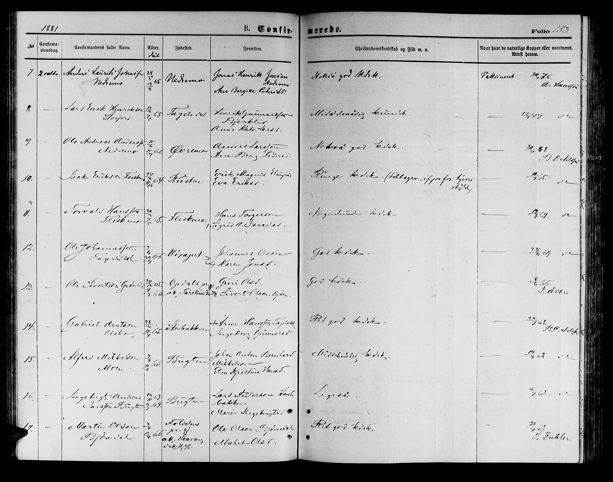 Målselv sokneprestembete, AV/SATØ-S-1311/G/Ga/Gab/L0003klokker: Klokkerbok nr. 3, 1874-1885, s. 153