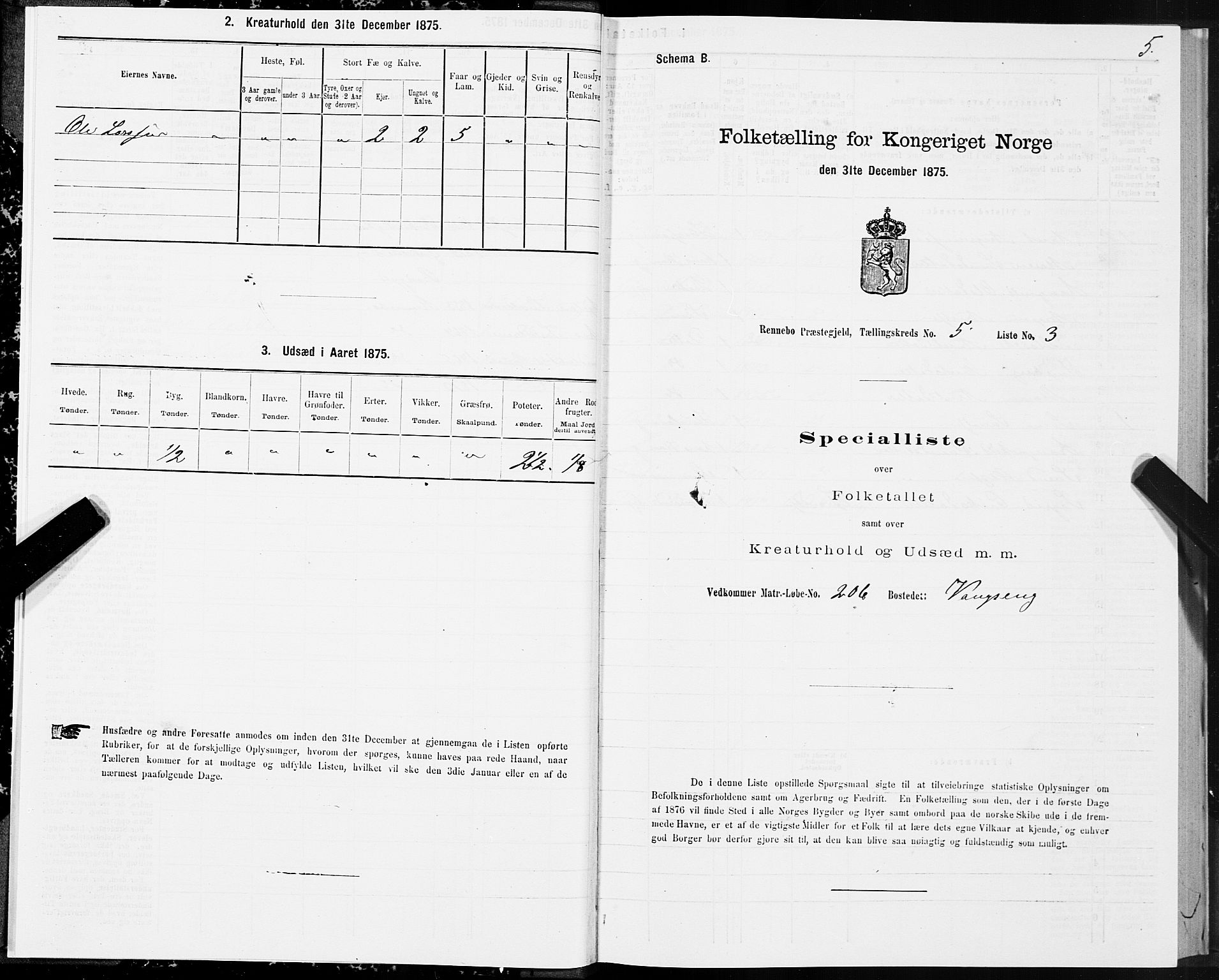 SAT, Folketelling 1875 for 1635P Rennebu prestegjeld, 1875, s. 3005