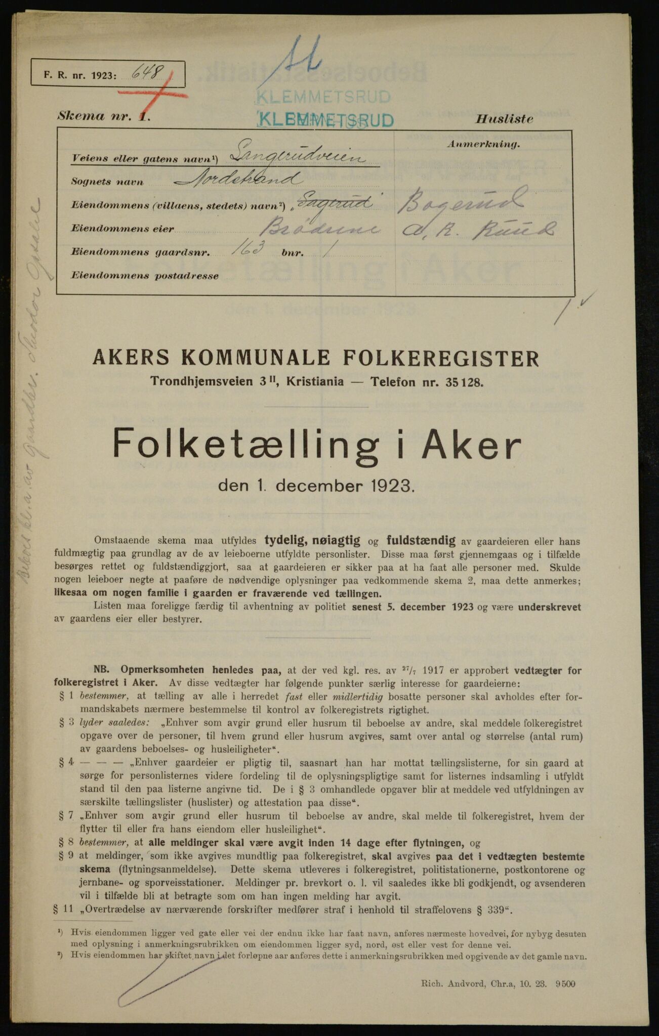 , Kommunal folketelling 1.12.1923 for Aker, 1923, s. 40596