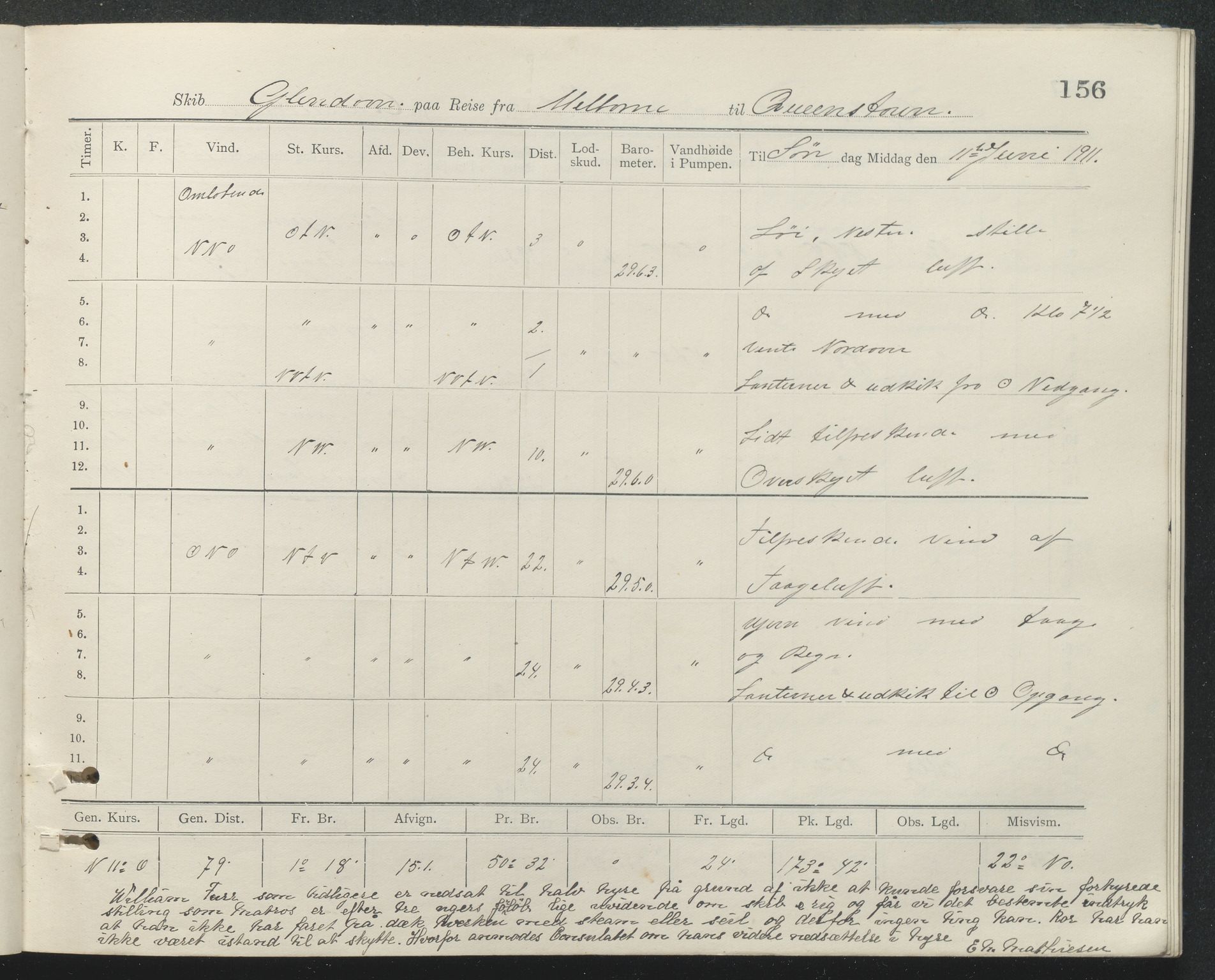 , PA-1348 Mathiesen, Erik Martinius; logbok Glendoon 1910-1911, 1910-1911, s. 156