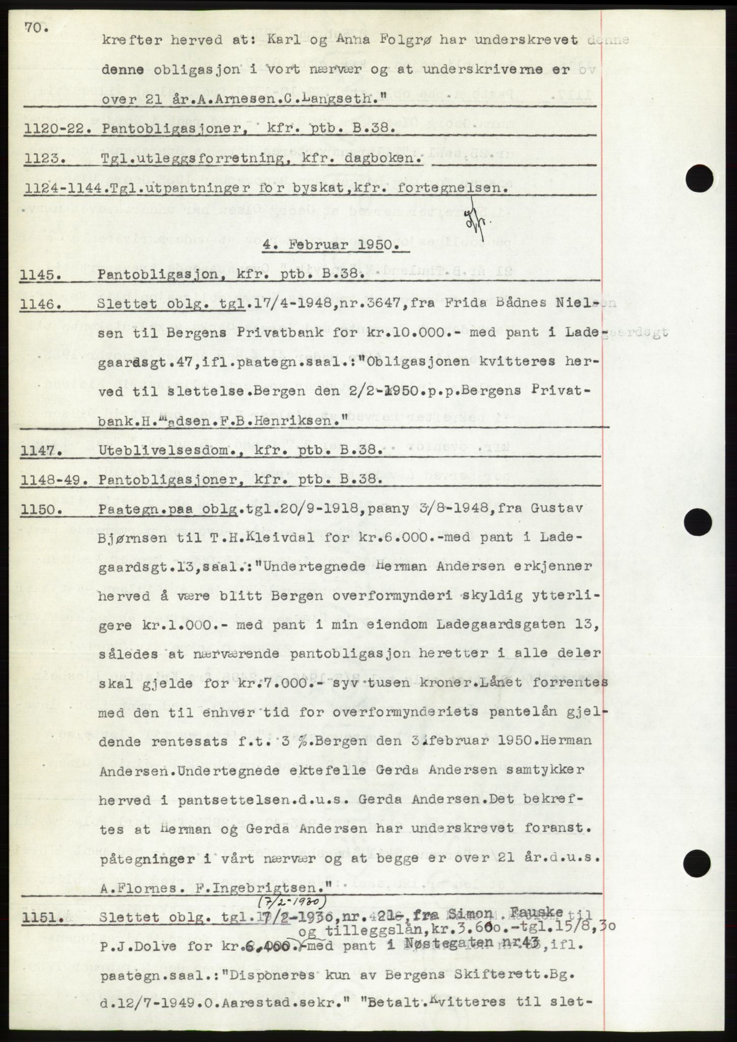 Byfogd og Byskriver i Bergen, AV/SAB-A-3401/03: Pantebok nr. C 38, 1949-1950, Dagboknr: 1120/1950