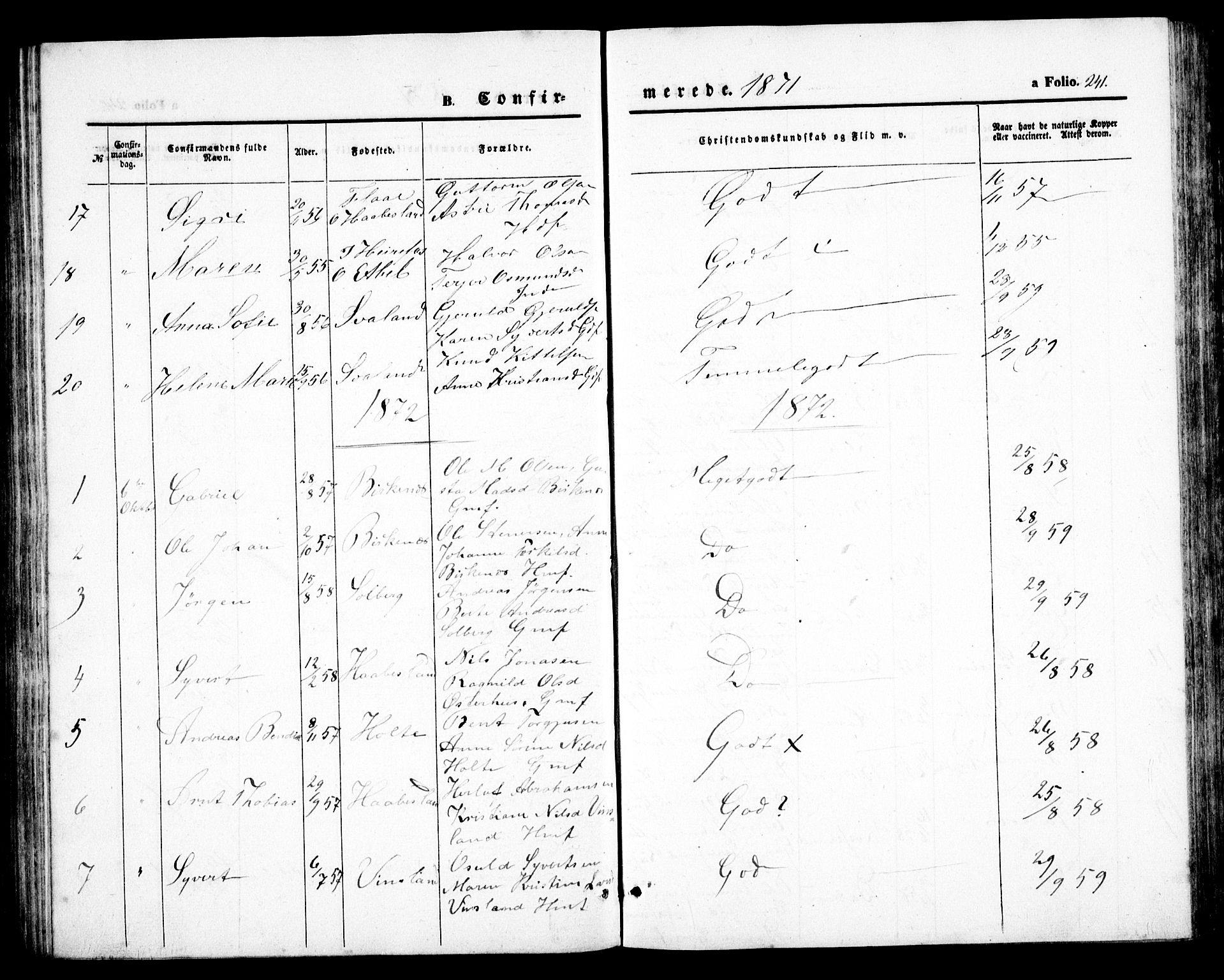 Birkenes sokneprestkontor, SAK/1111-0004/F/Fb/L0002: Klokkerbok nr. B 2, 1849-1876, s. 241