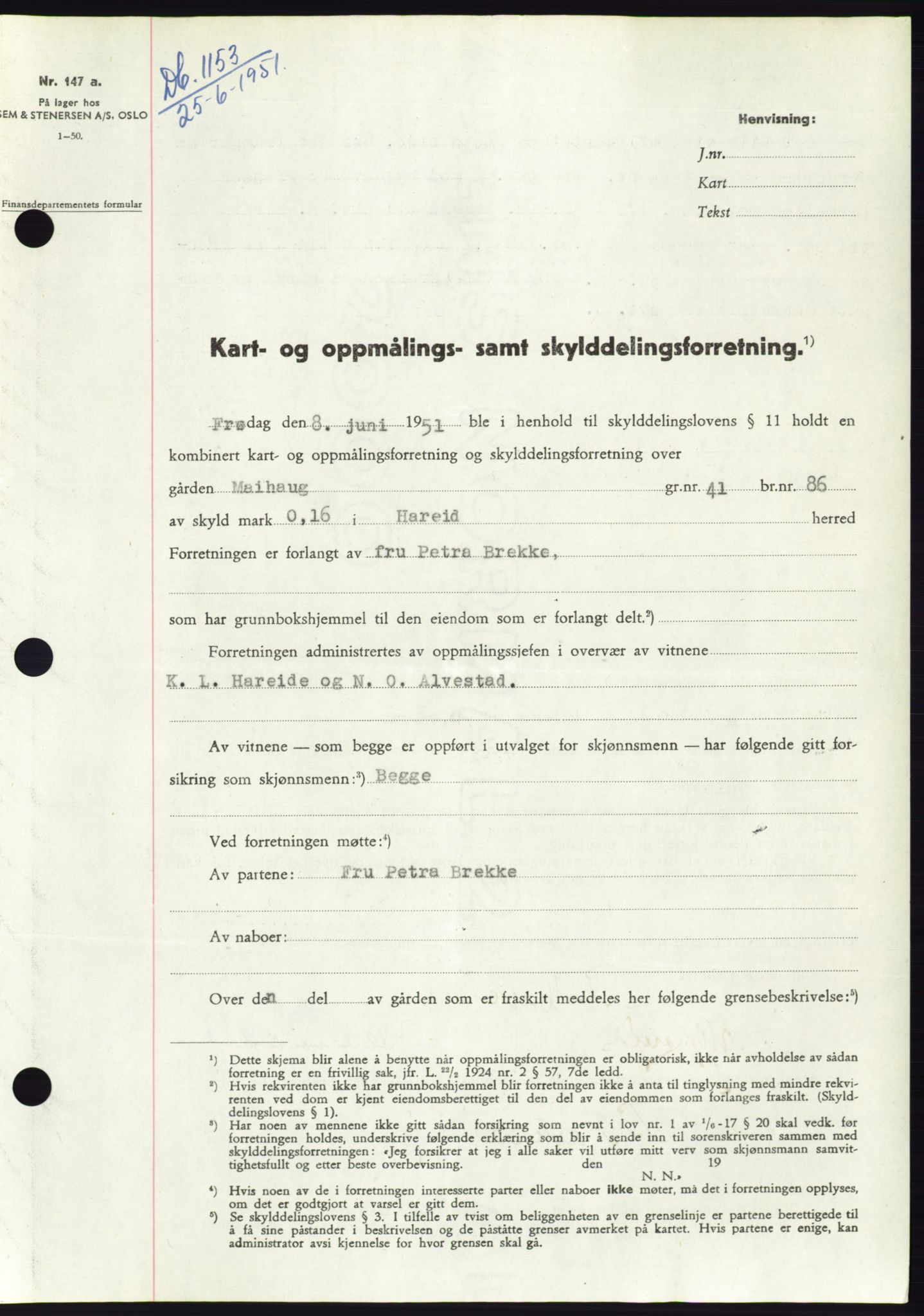 Søre Sunnmøre sorenskriveri, SAT/A-4122/1/2/2C/L0089: Pantebok nr. 15A, 1951-1951, Dagboknr: 1153/1951