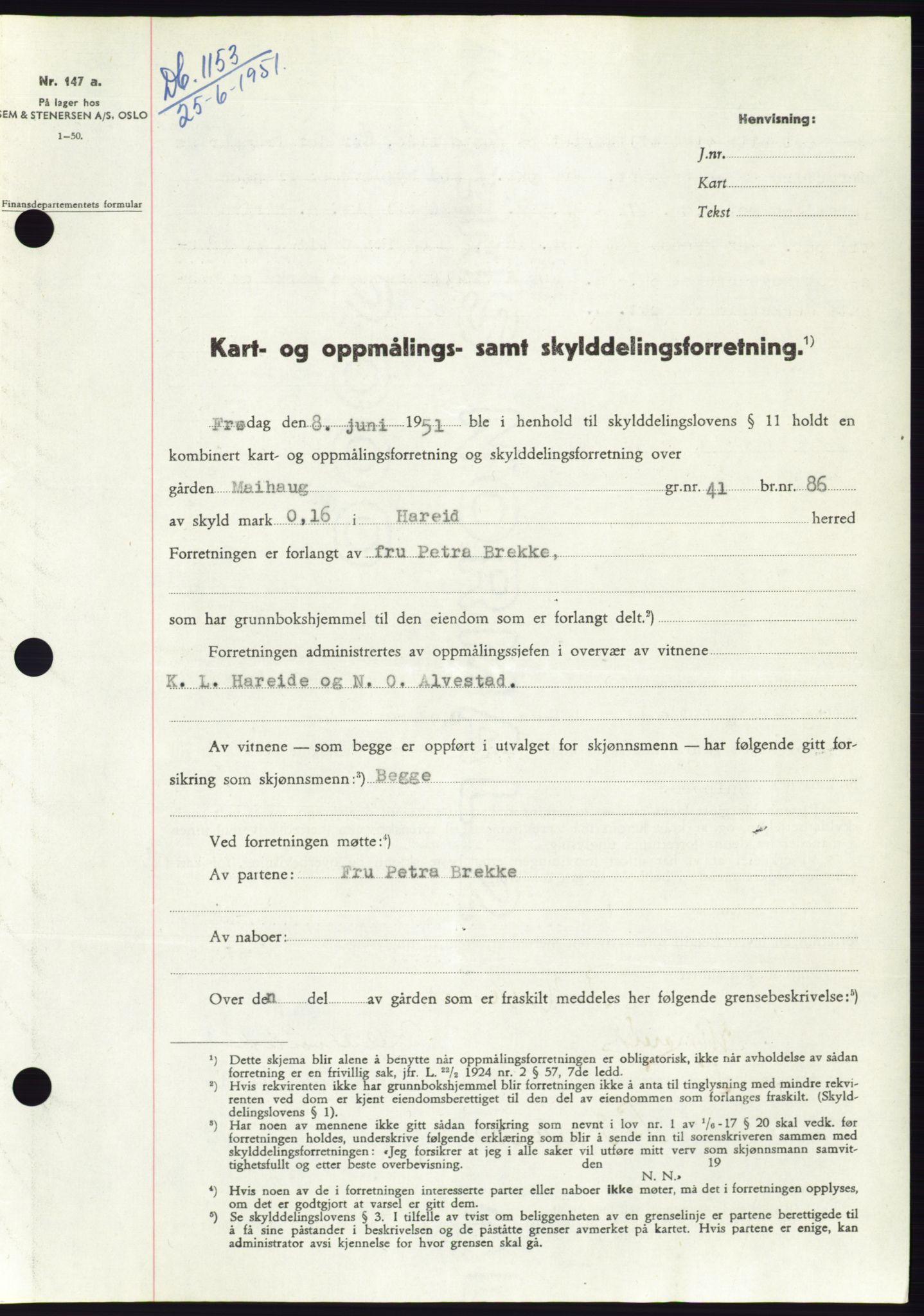 Søre Sunnmøre sorenskriveri, AV/SAT-A-4122/1/2/2C/L0089: Pantebok nr. 15A, 1951-1951, Dagboknr: 1153/1951