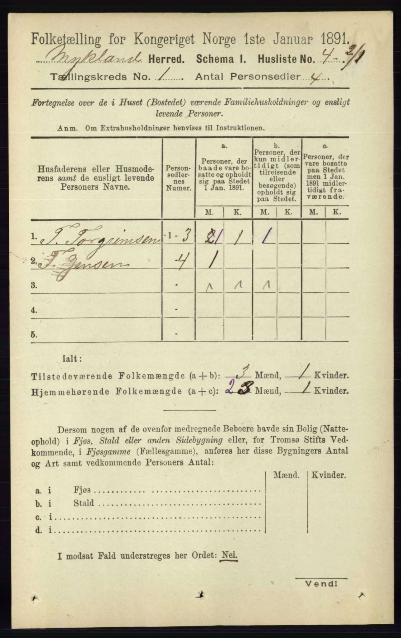 RA, Folketelling 1891 for 0932 Mykland herred, 1891, s. 15