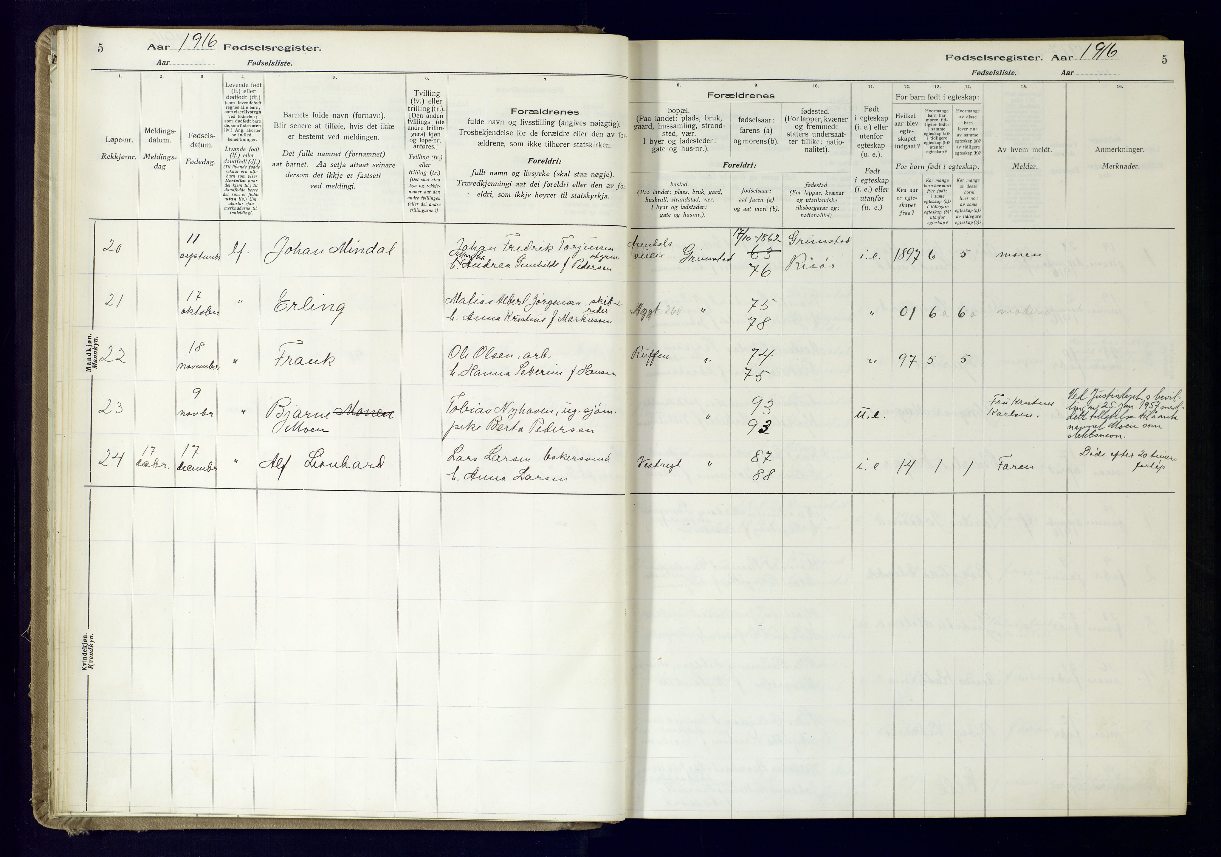 Grimstad sokneprestkontor, AV/SAK-1111-0017/J/Ja/L0001: Fødselsregister nr. 1, 1916-1960, s. 5