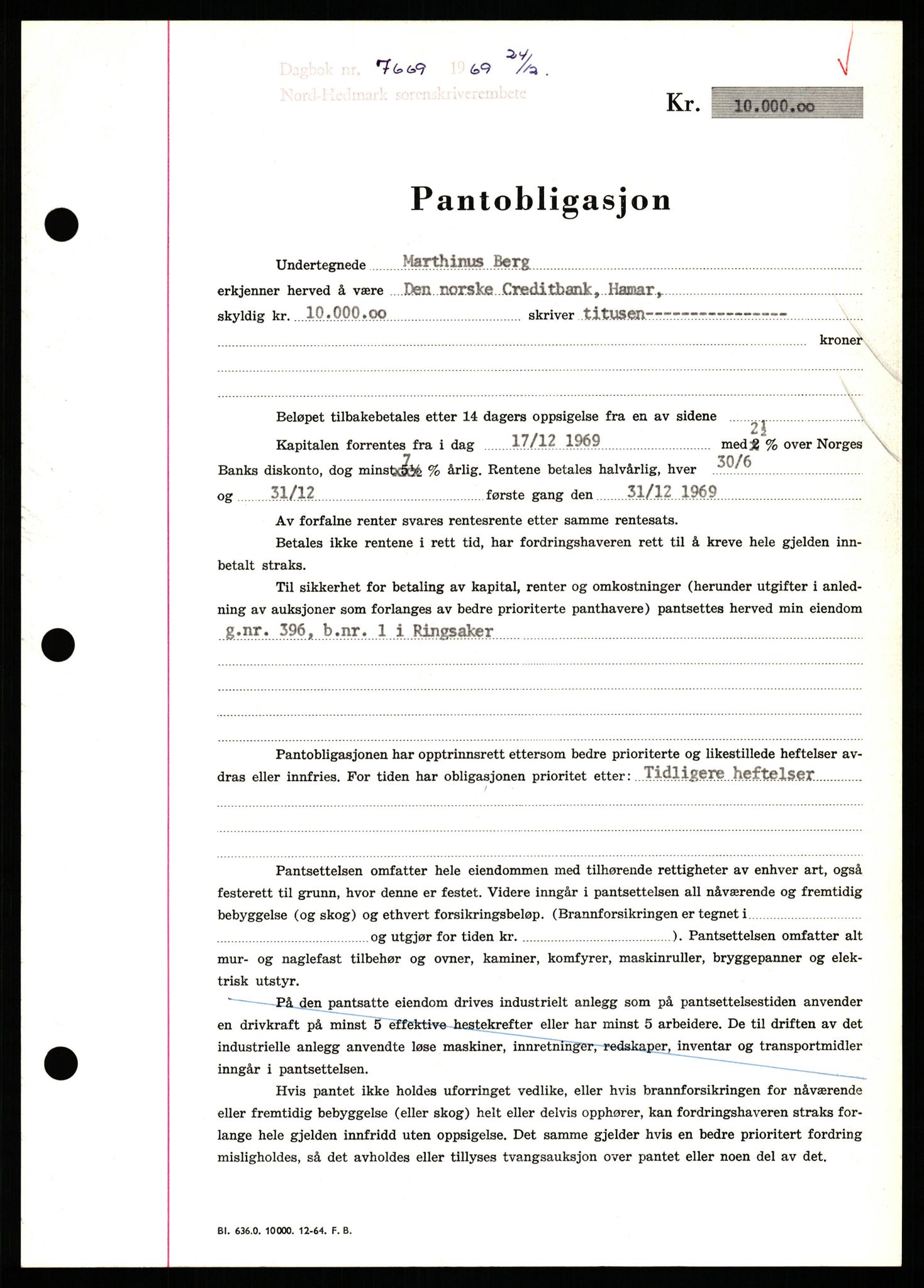 Nord-Hedmark sorenskriveri, SAH/TING-012/H/Hb/Hbf/L0082: Pantebok nr. B82, 1969-1969, Dagboknr: 7669/1969