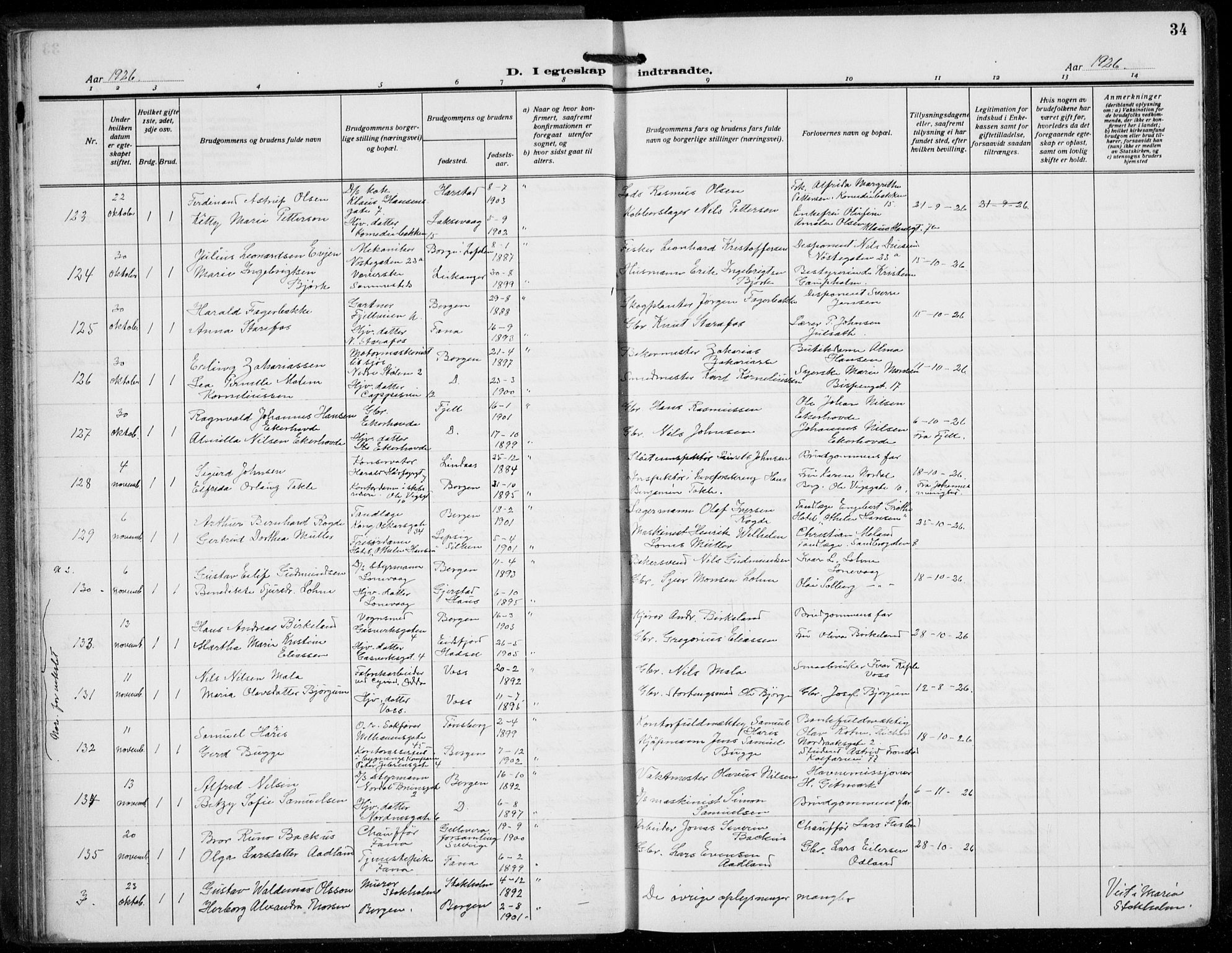 Domkirken sokneprestembete, AV/SAB-A-74801/H/Hab/L0034: Klokkerbok nr. D 6, 1924-1941, s. 34