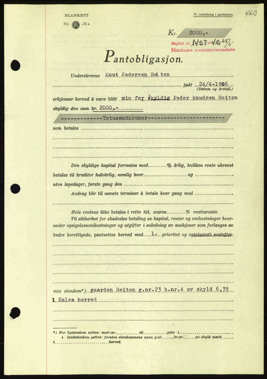 Nordmøre sorenskriveri, AV/SAT-A-4132/1/2/2Ca: Pantebok nr. B89, 1942-1942, Dagboknr: 1427/1942