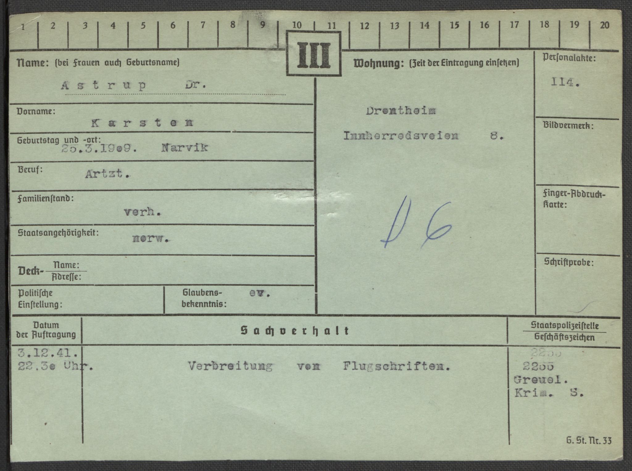 Befehlshaber der Sicherheitspolizei und des SD, RA/RAFA-5969/E/Ea/Eaa/L0001: Register over norske fanger i Møllergata 19: A-Bj, 1940-1945, s. 674