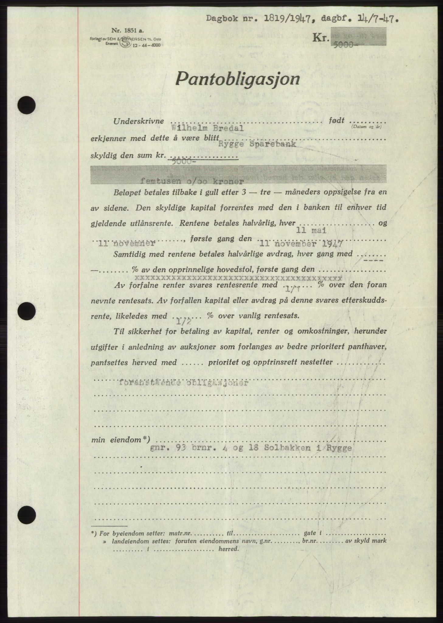 Moss sorenskriveri, SAO/A-10168: Pantebok nr. B17, 1947-1947, Dagboknr: 1819/1947