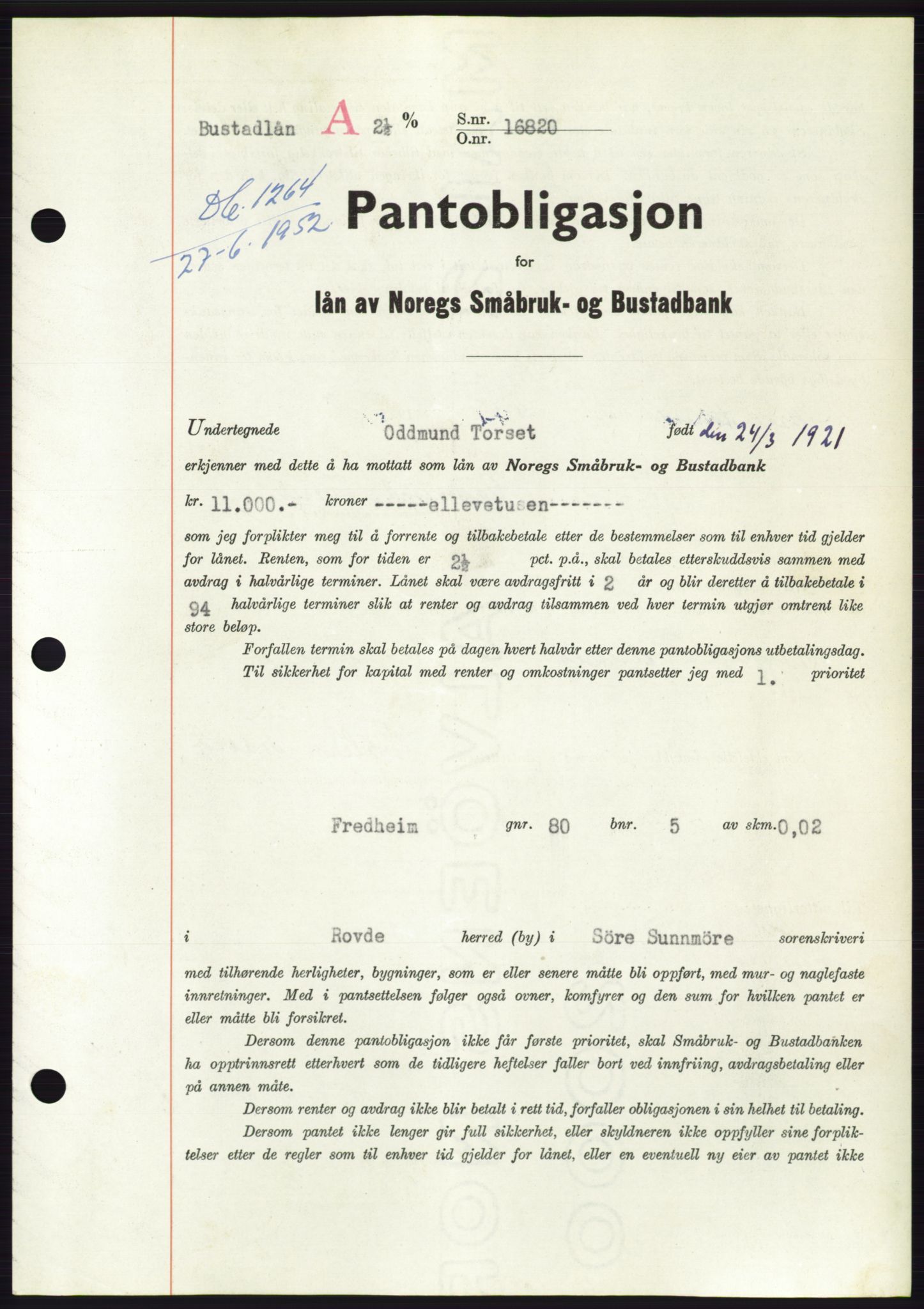 Søre Sunnmøre sorenskriveri, AV/SAT-A-4122/1/2/2C/L0121: Pantebok nr. 9B, 1951-1952, Dagboknr: 1264/1952