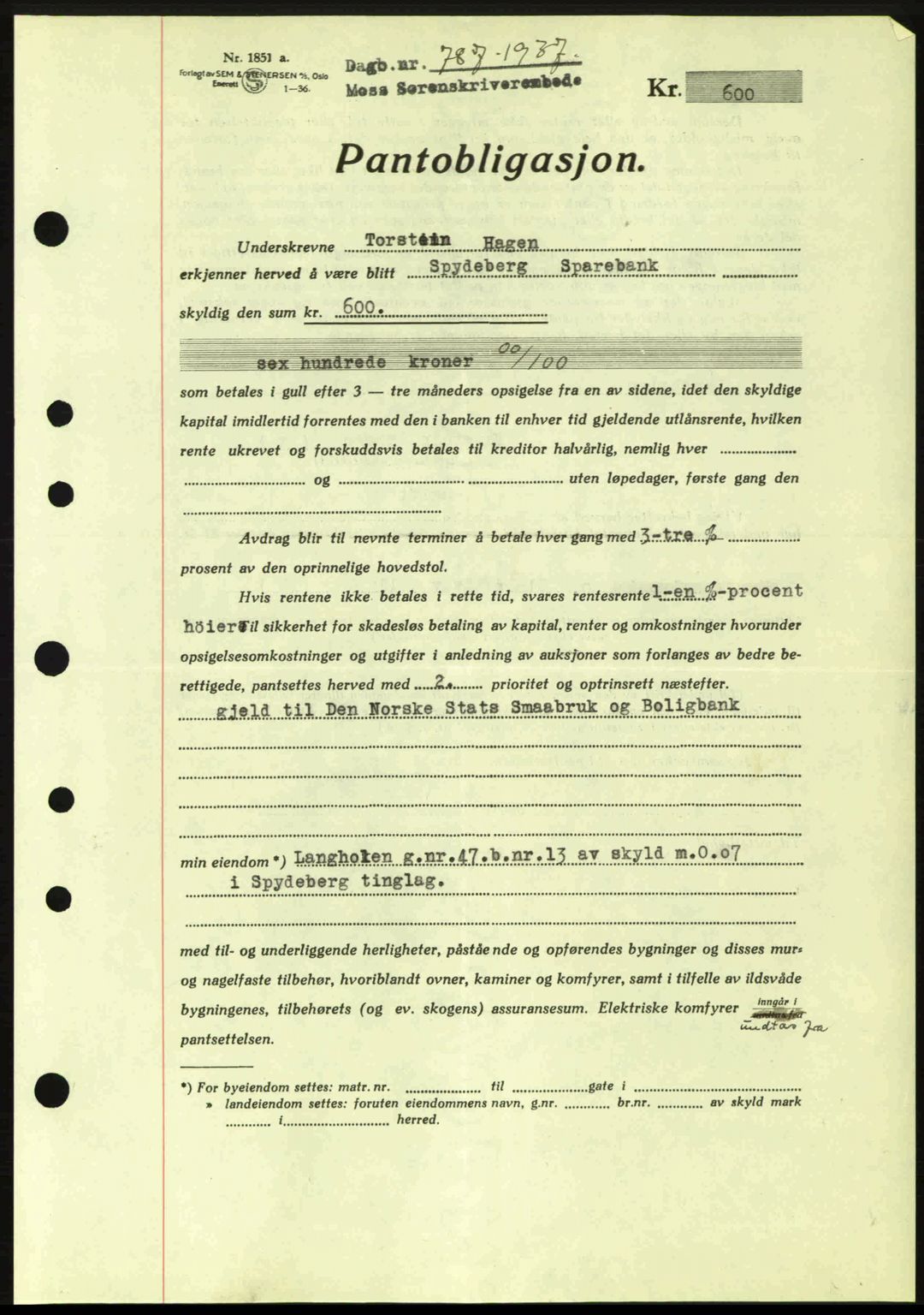 Moss sorenskriveri, SAO/A-10168: Pantebok nr. B3, 1937-1937, Dagboknr: 787/1937