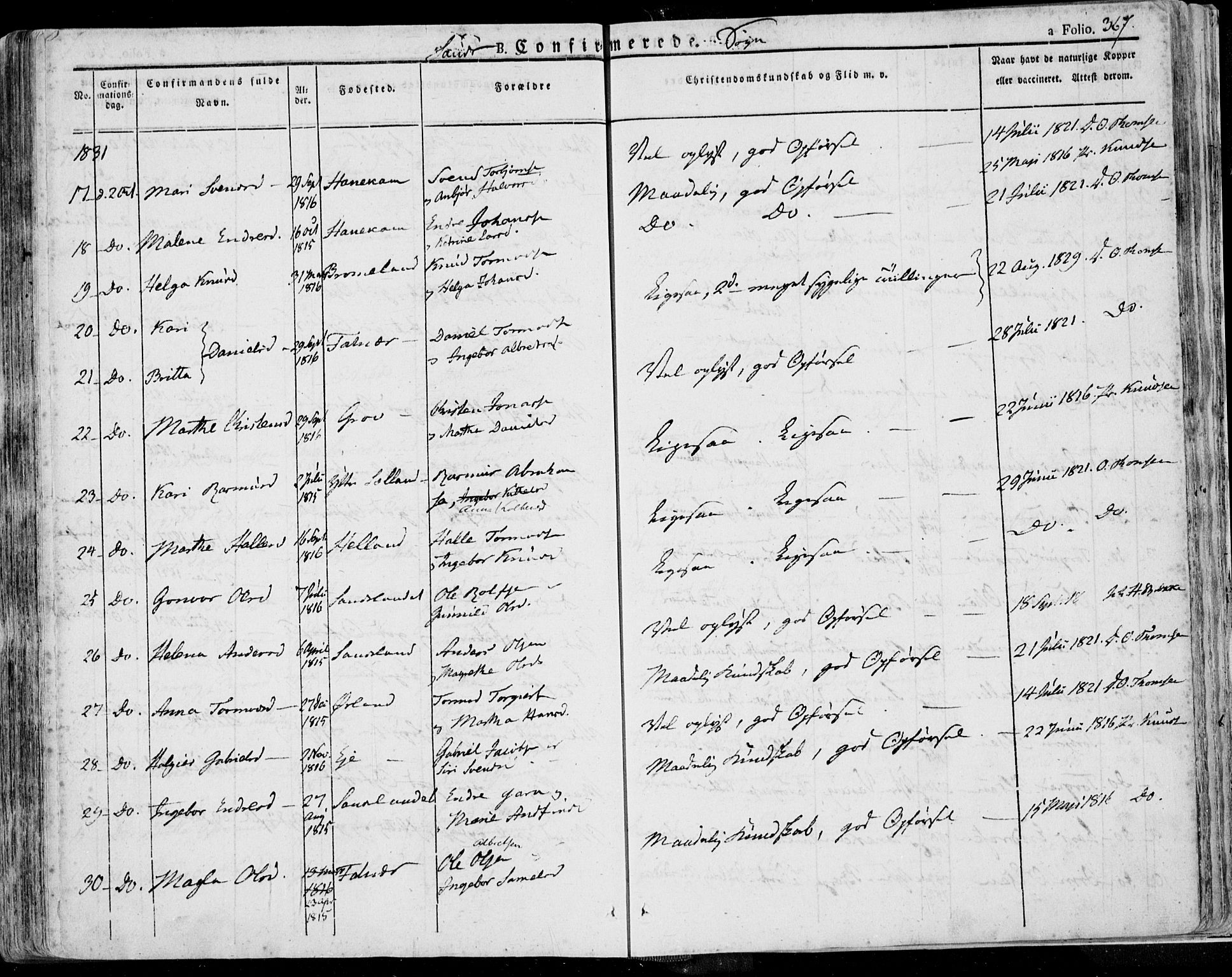 Jelsa sokneprestkontor, AV/SAST-A-101842/01/IV: Ministerialbok nr. A 6.1, 1828-1853, s. 367