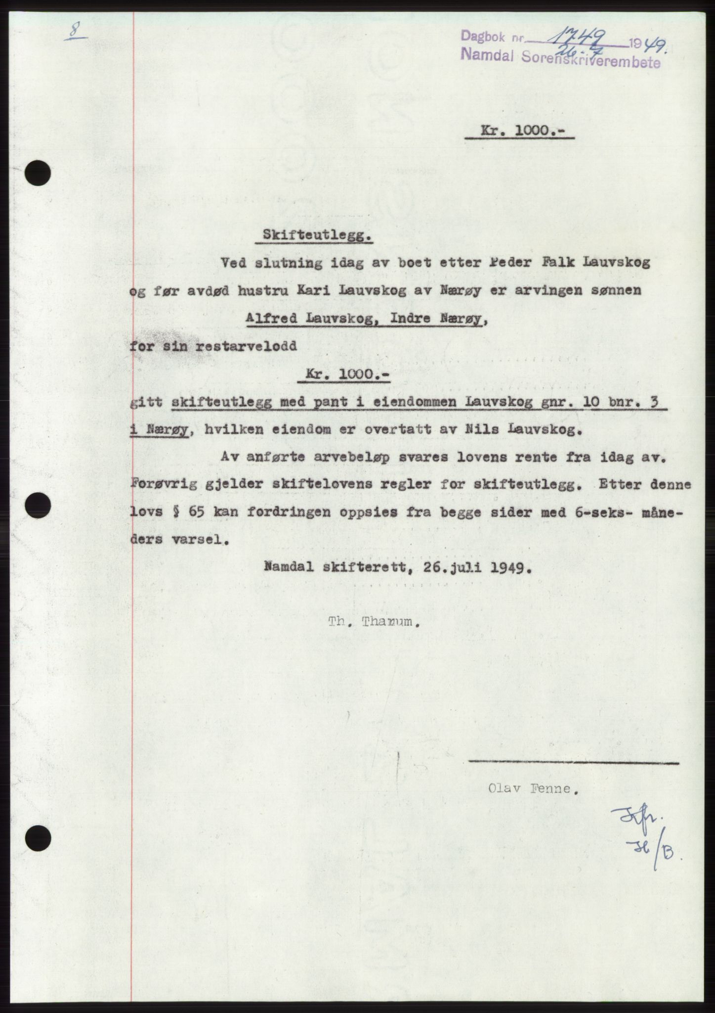Namdal sorenskriveri, SAT/A-4133/1/2/2C: Pantebok nr. -, 1949-1949, Dagboknr: 1749/1949