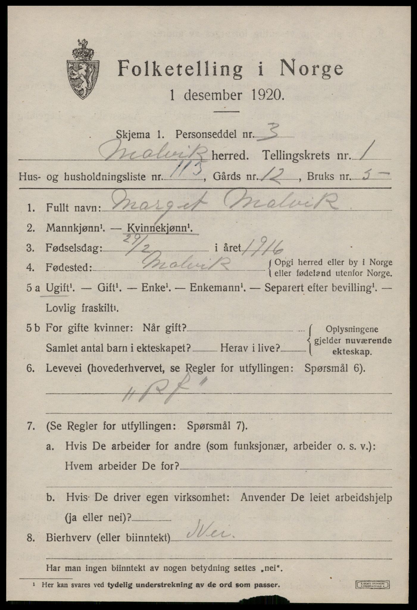 SAT, Folketelling 1920 for 1663 Malvik herred, 1920, s. 1830