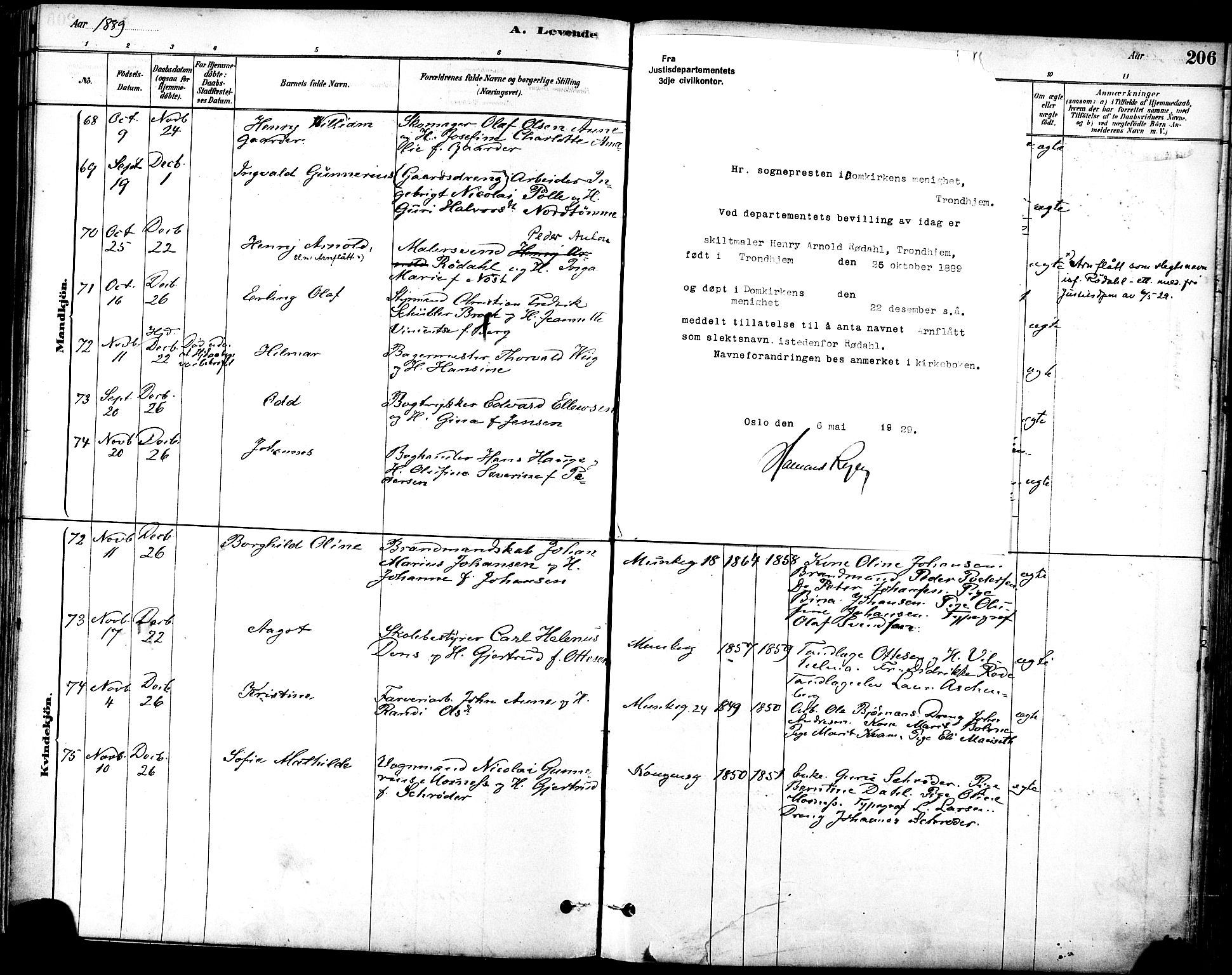 Ministerialprotokoller, klokkerbøker og fødselsregistre - Sør-Trøndelag, SAT/A-1456/601/L0057: Ministerialbok nr. 601A25, 1877-1891, s. 206