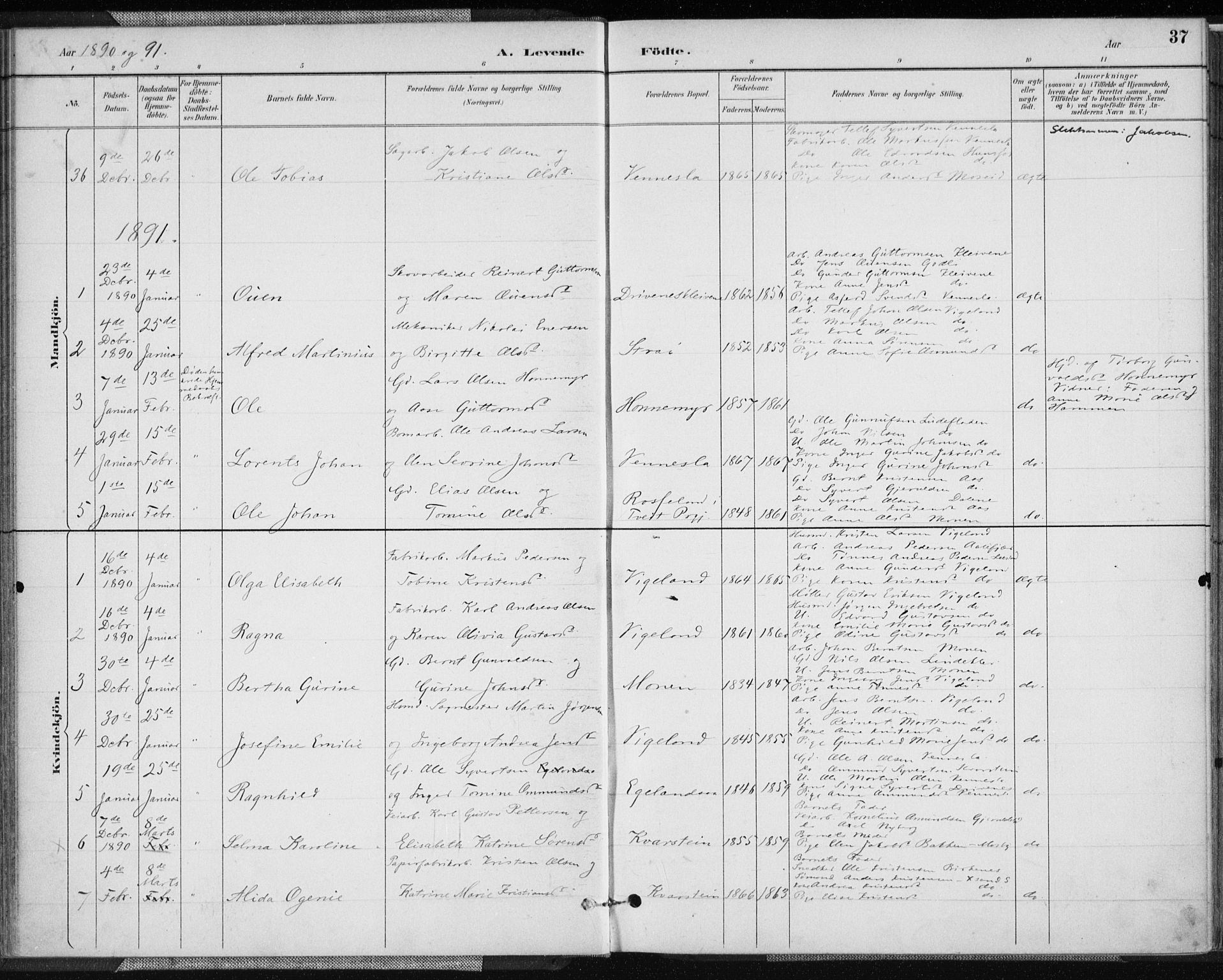 Vennesla sokneprestkontor, AV/SAK-1111-0045/Fa/Fab/L0004: Ministerialbok nr. A 4, 1884-1896, s. 37