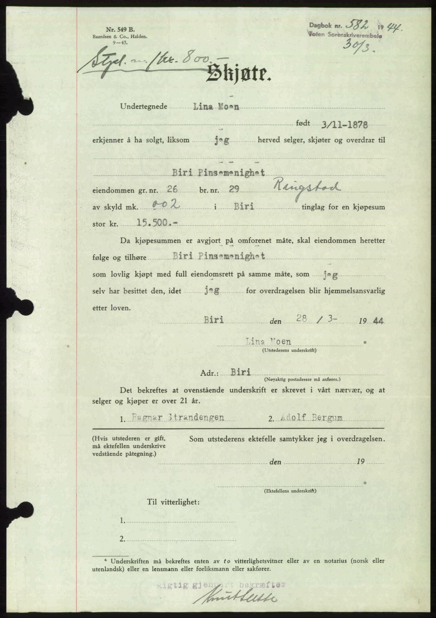 Toten tingrett, AV/SAH-TING-006/H/Hb/Hbc/L0011: Pantebok nr. Hbc-11, 1943-1944, Dagboknr: 582/1944