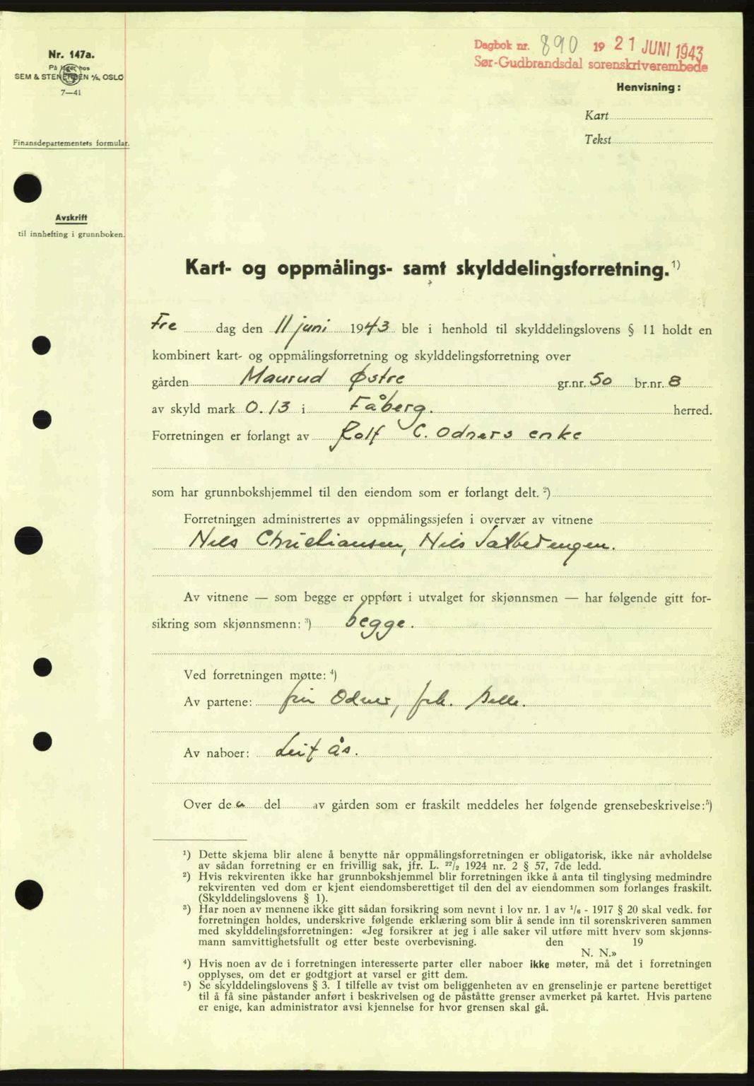 Sør-Gudbrandsdal tingrett, SAH/TING-004/H/Hb/Hbd/L0012: Pantebok nr. A12, 1943-1944, Dagboknr: 890/1943