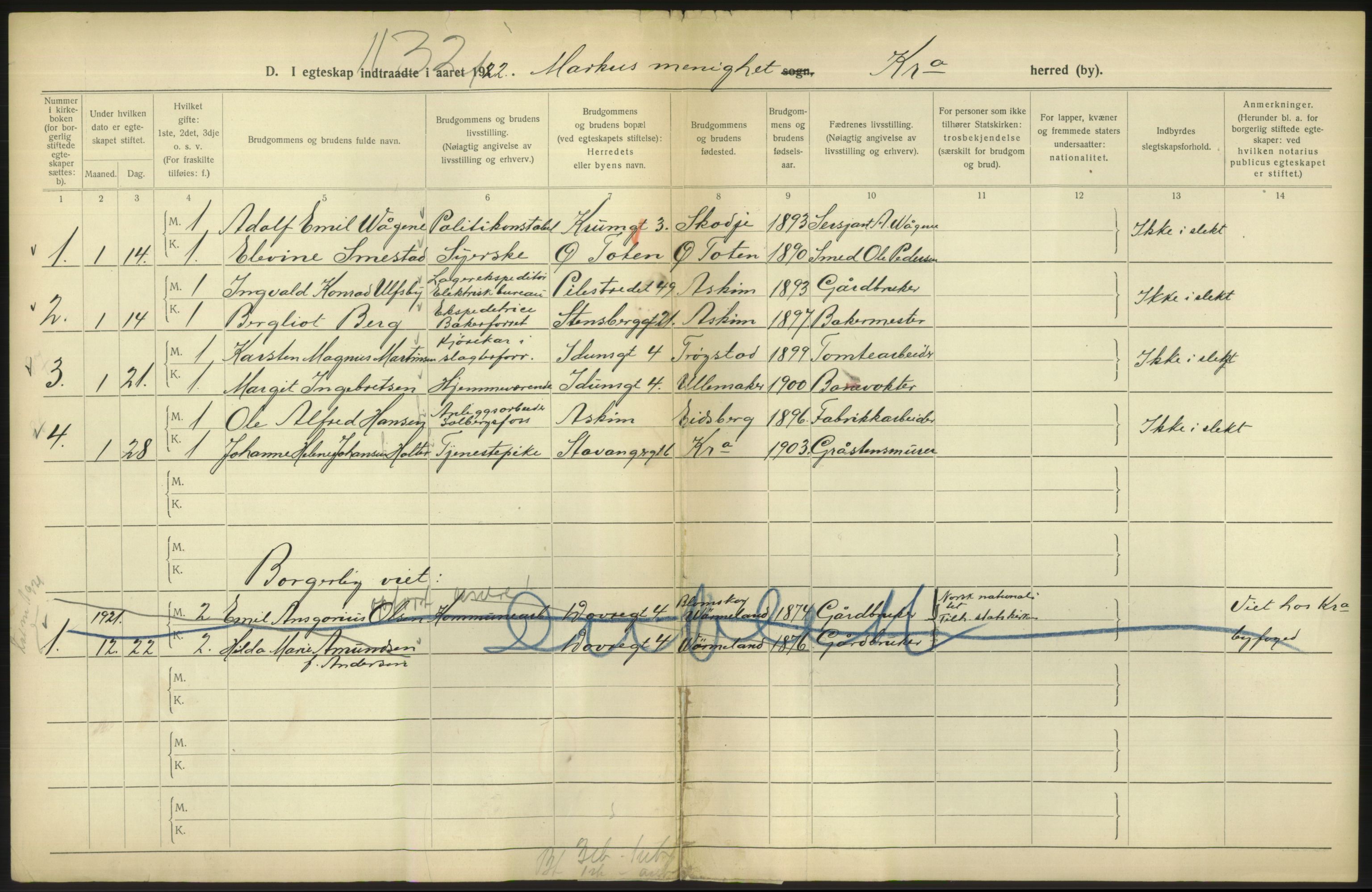 Statistisk sentralbyrå, Sosiodemografiske emner, Befolkning, AV/RA-S-2228/D/Df/Dfc/Dfcb/L0008: Kristiania: Gifte, 1922, s. 608