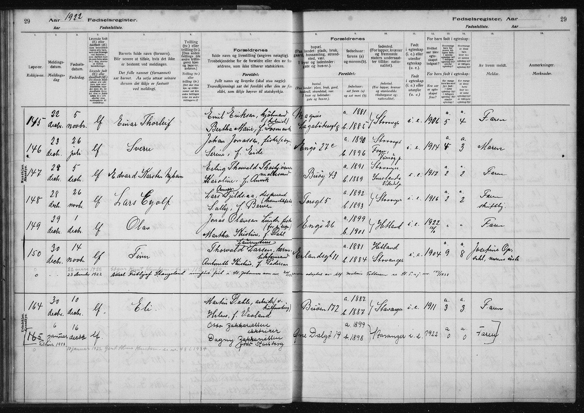 St. Petri sokneprestkontor, AV/SAST-A-101813/002/A/L0002: Fødselsregister nr. 2, 1922-1929, s. 29