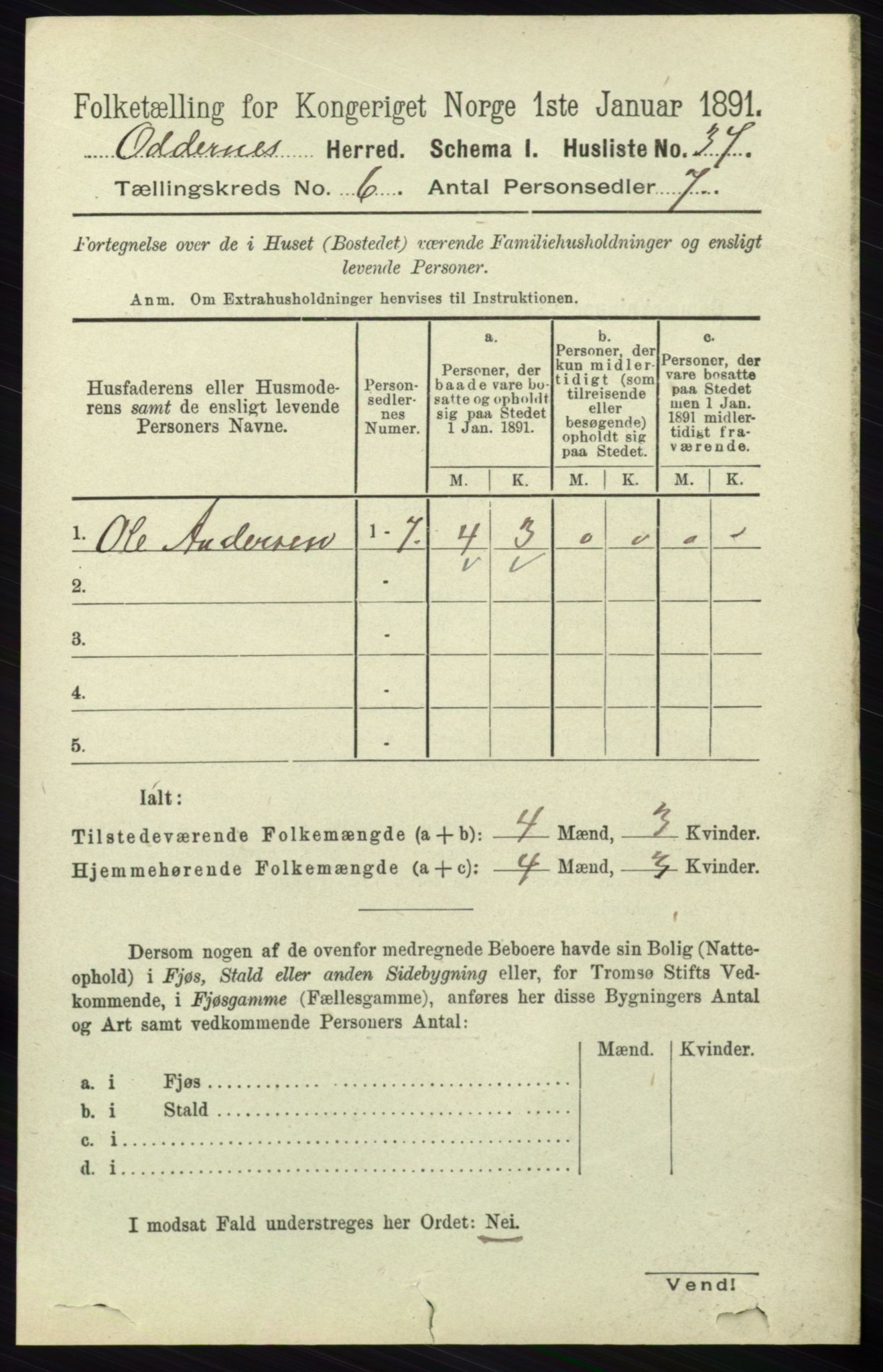 RA, Folketelling 1891 for 1012 Oddernes herred, 1891, s. 2186