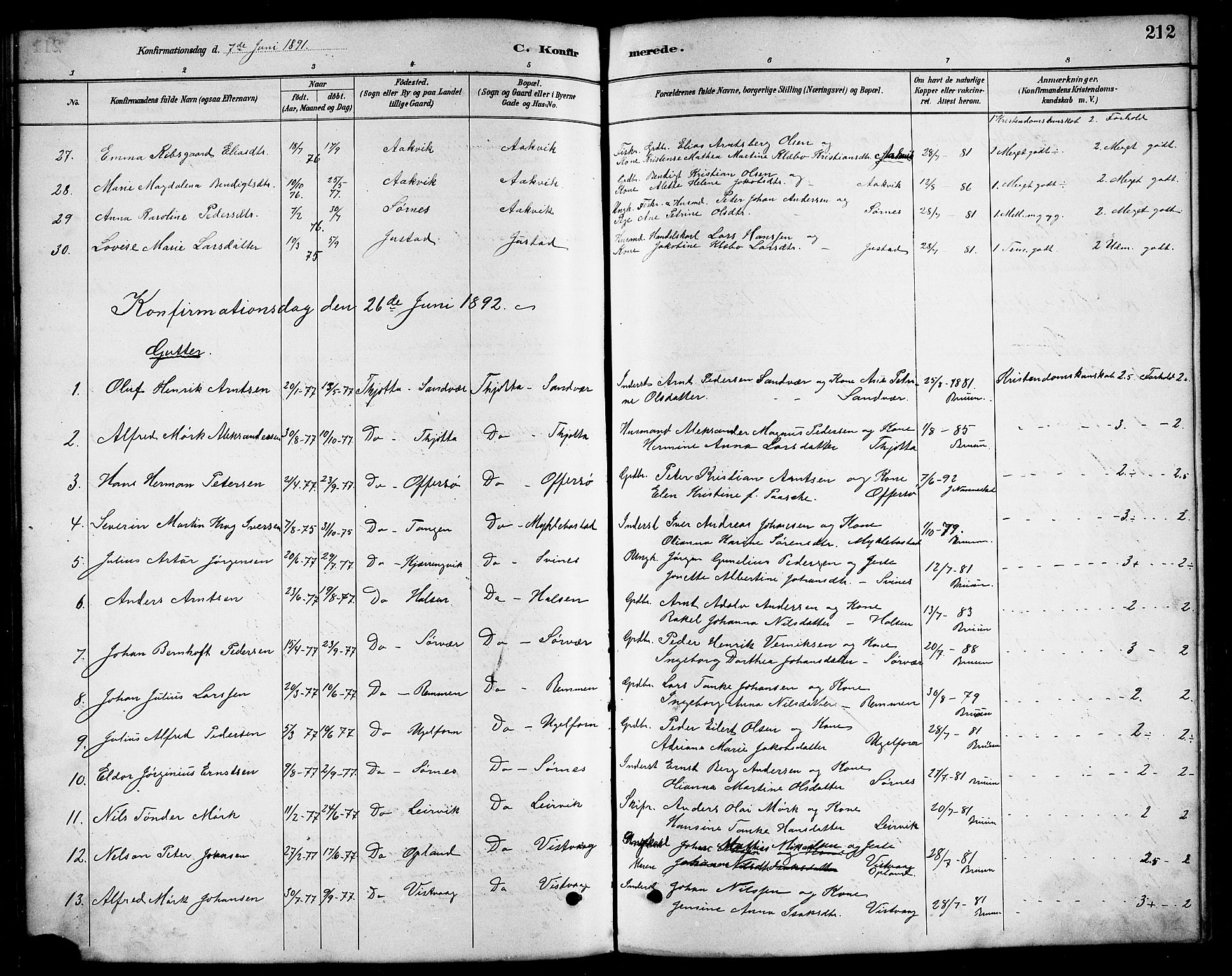 Ministerialprotokoller, klokkerbøker og fødselsregistre - Nordland, AV/SAT-A-1459/817/L0268: Klokkerbok nr. 817C03, 1884-1920, s. 212