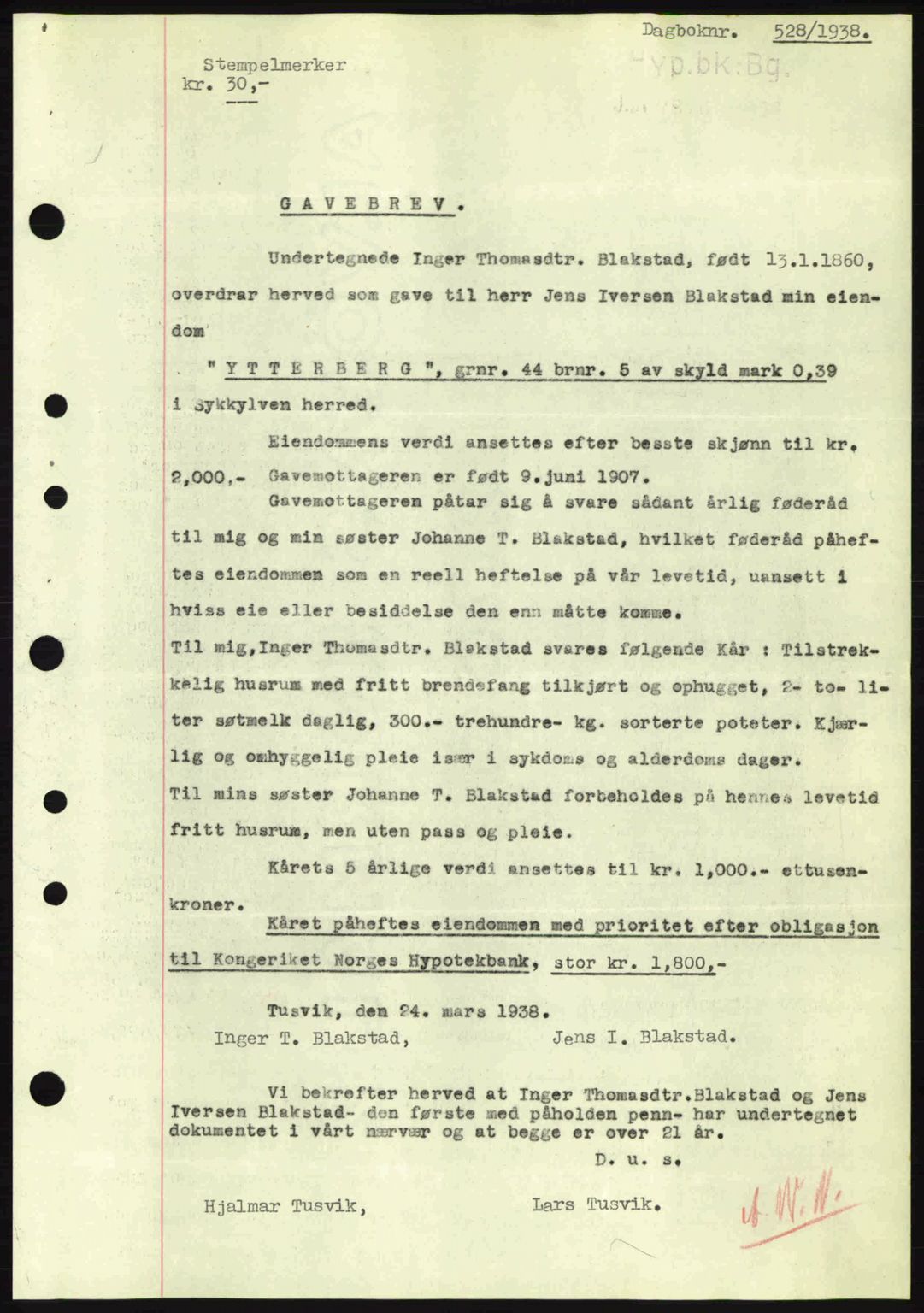 Nordre Sunnmøre sorenskriveri, AV/SAT-A-0006/1/2/2C/2Ca: Pantebok nr. A4, 1937-1938, Dagboknr: 528/1938