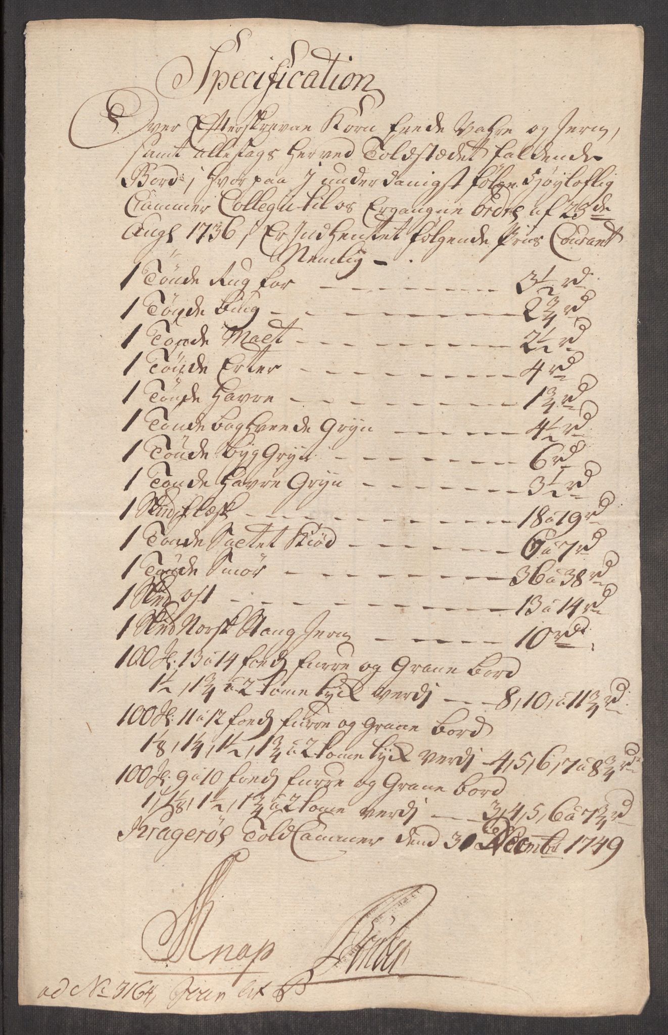 Rentekammeret inntil 1814, Realistisk ordnet avdeling, RA/EA-4070/Oe/L0004: [Ø1]: Priskuranter, 1749-1752, s. 129