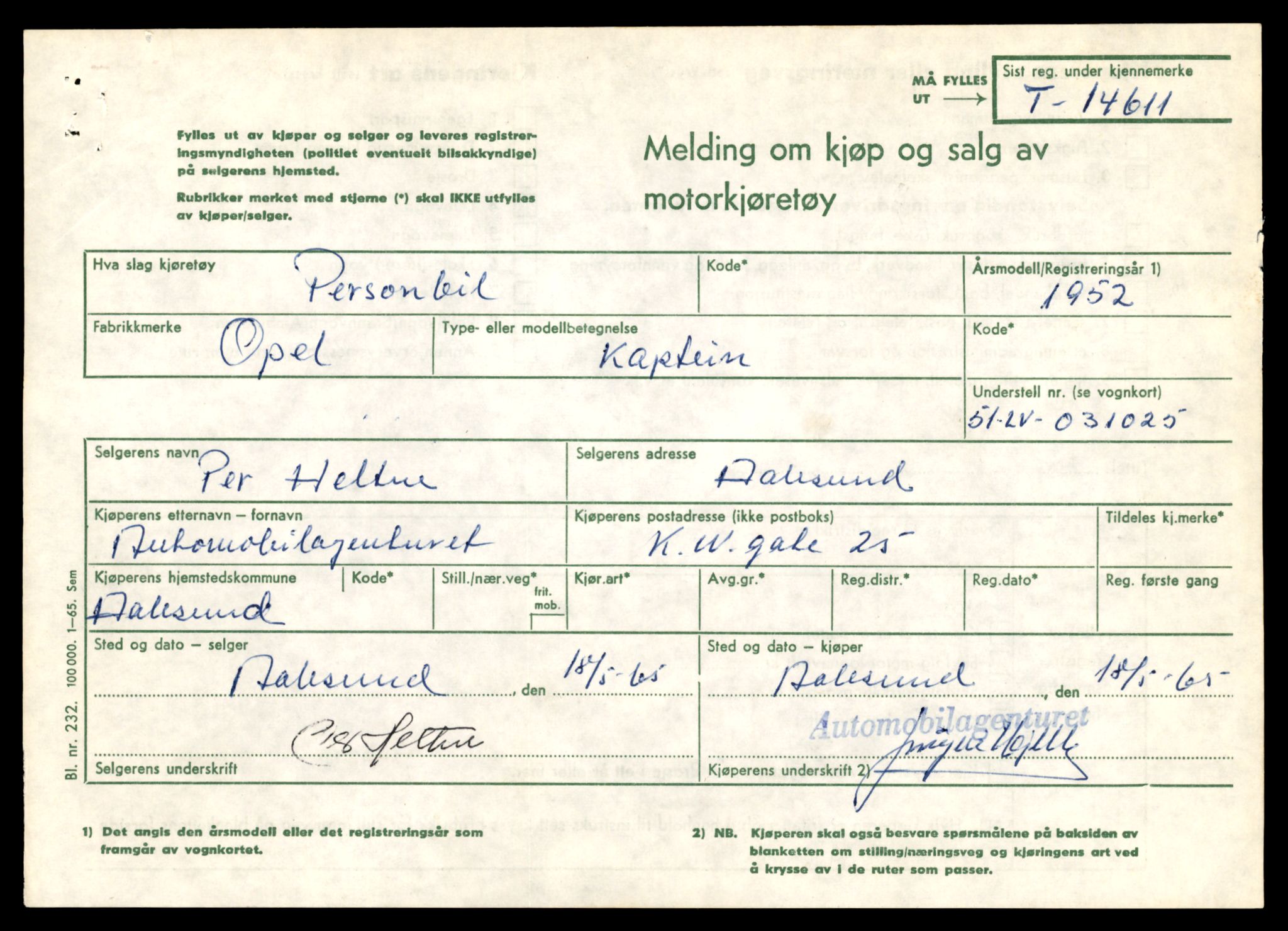 Møre og Romsdal vegkontor - Ålesund trafikkstasjon, AV/SAT-A-4099/F/Fe/L0047: Registreringskort for kjøretøy T 14580 - T 14720, 1927-1998, s. 847