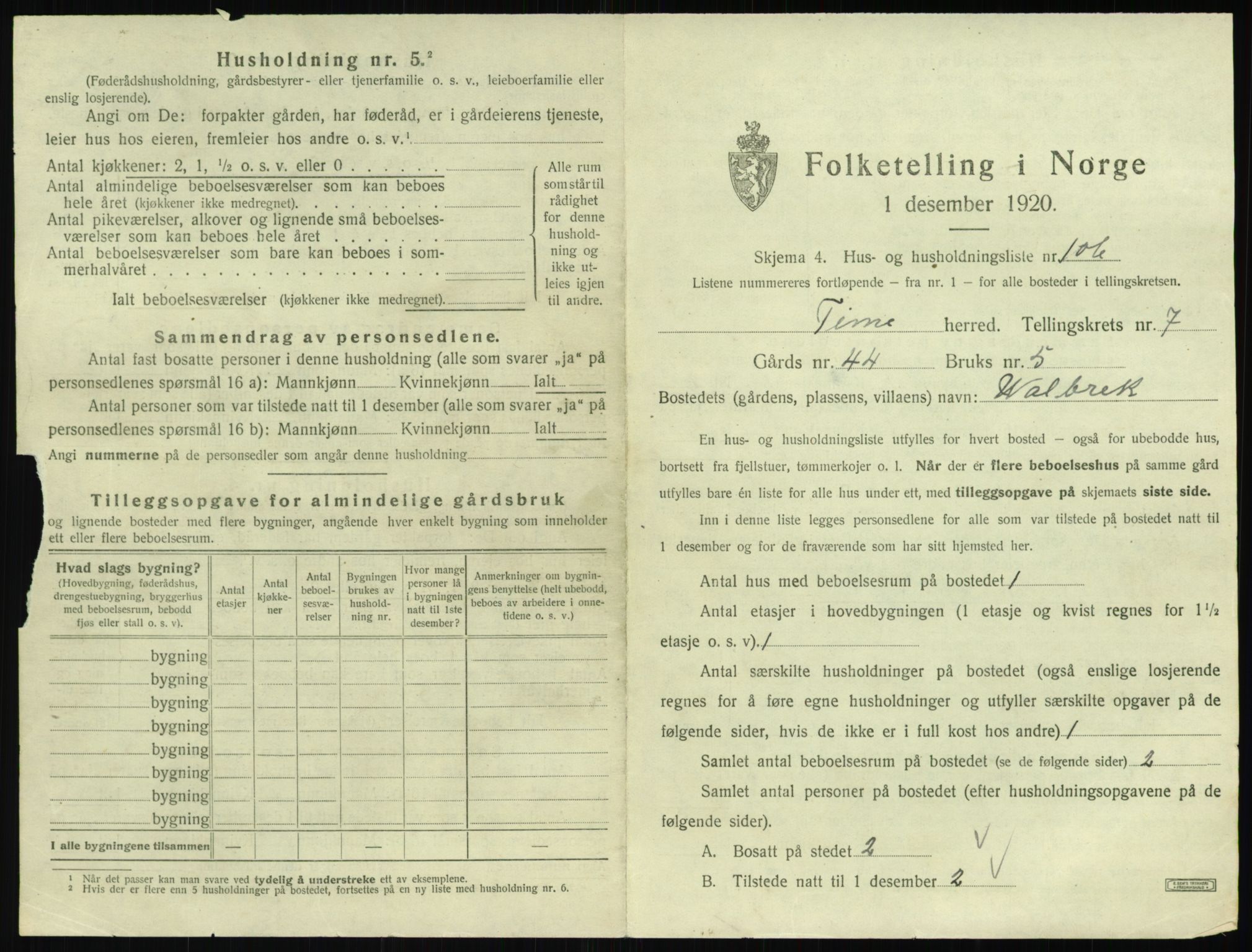 SAST, Folketelling 1920 for 1121 Time herred, 1920, s. 1225