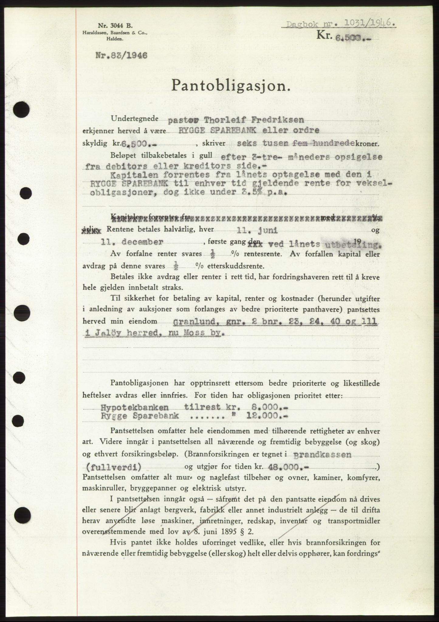 Moss sorenskriveri, SAO/A-10168: Pantebok nr. B15, 1946-1946, Dagboknr: 1031/1946