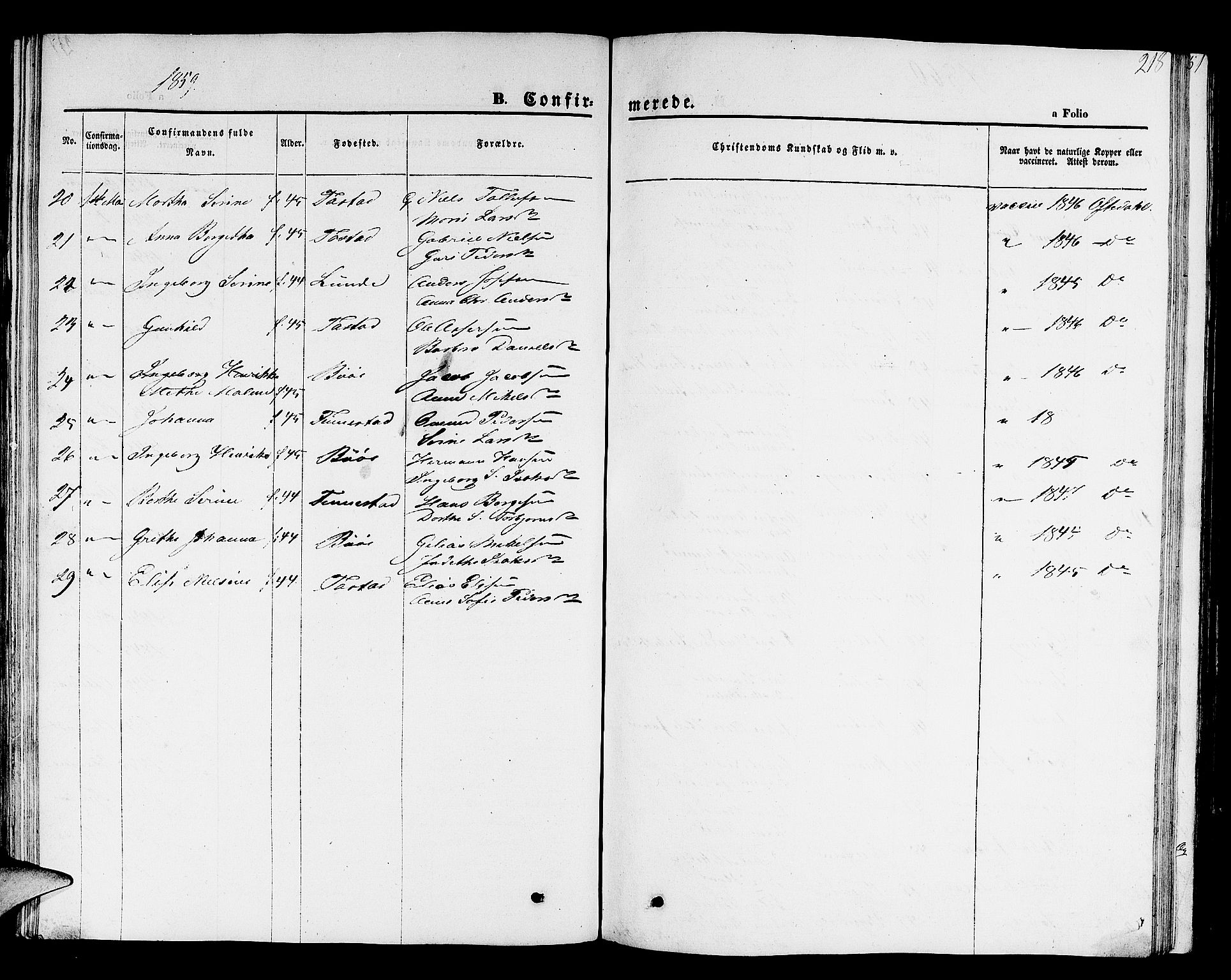 Hetland sokneprestkontor, SAST/A-101826/30/30BB/L0001: Klokkerbok nr. B 1, 1850-1868, s. 218