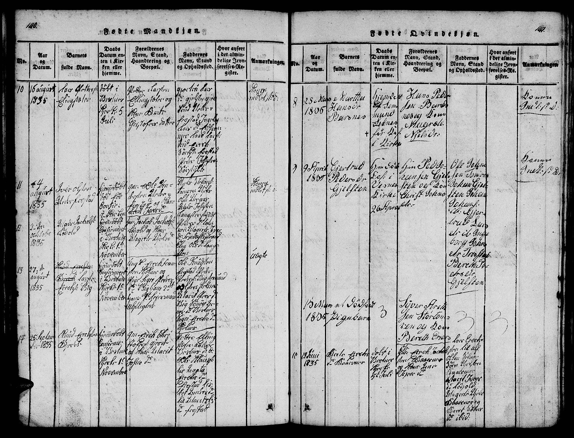 Ministerialprotokoller, klokkerbøker og fødselsregistre - Møre og Romsdal, AV/SAT-A-1454/539/L0535: Klokkerbok nr. 539C01, 1818-1842, s. 140-141