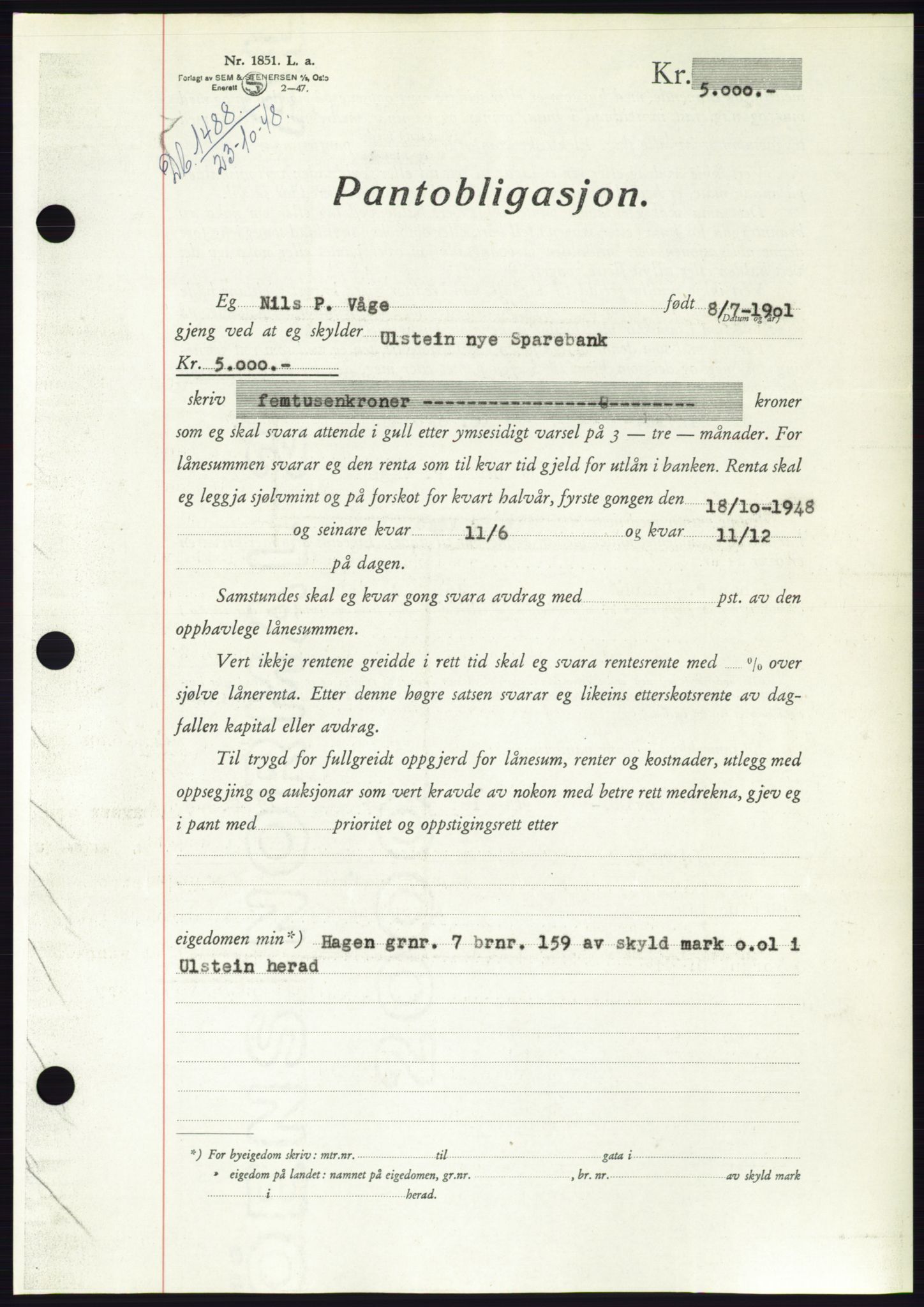 Søre Sunnmøre sorenskriveri, AV/SAT-A-4122/1/2/2C/L0116: Pantebok nr. 4B, 1948-1949, Dagboknr: 1488/1948