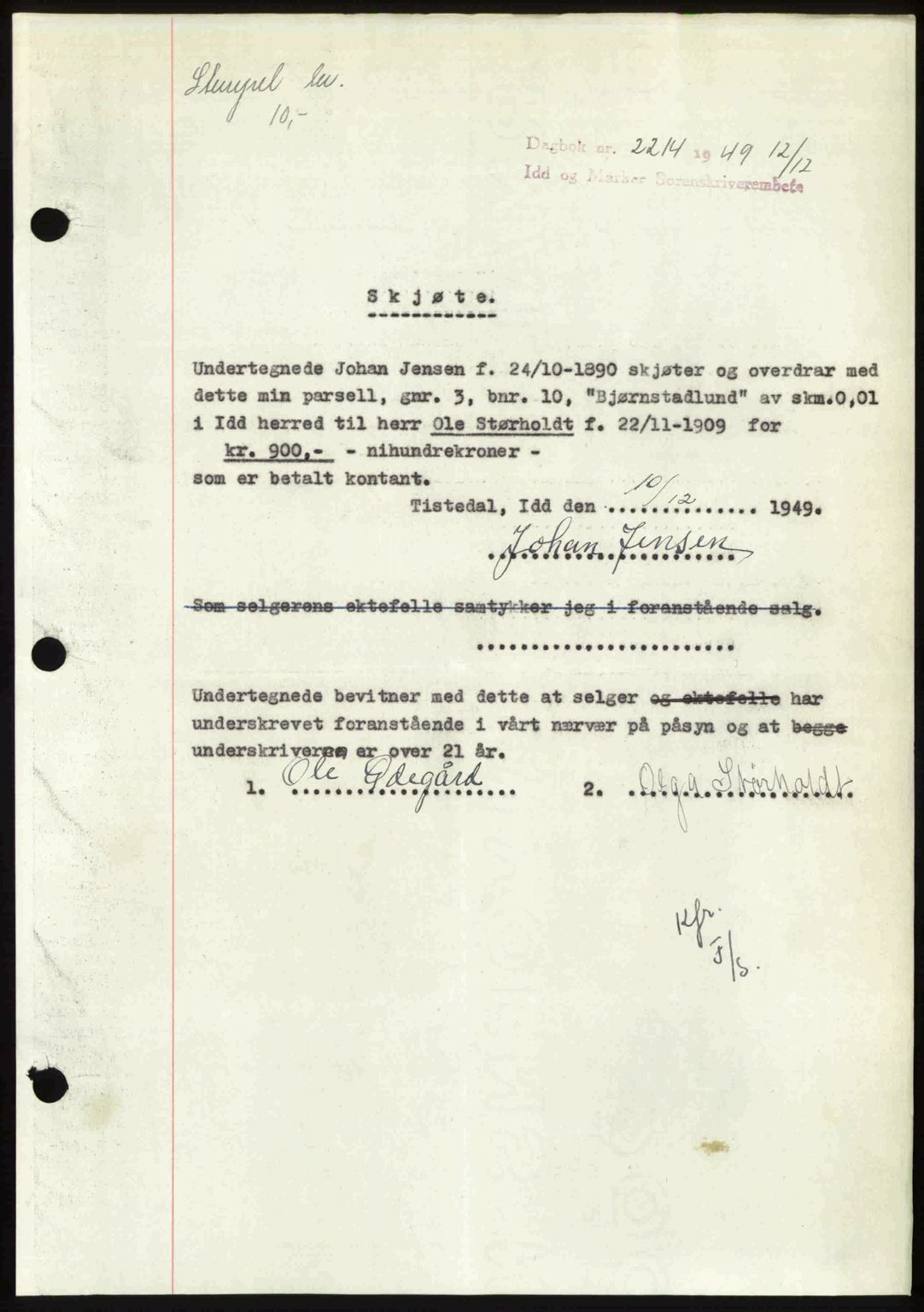 Idd og Marker sorenskriveri, SAO/A-10283/G/Gb/Gbb/L0013: Pantebok nr. A13, 1949-1950, Dagboknr: 2214/1949